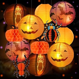 12Pcs Halloween Hanging Decorations Paper Lanterns with 12 LED Lights, Jack-O'-Lantern Pumpkin Spider Skeleton Hanging Lanterns for Halloween Indoor & Outdoor Spooky Home Decor, Party Supplies Props