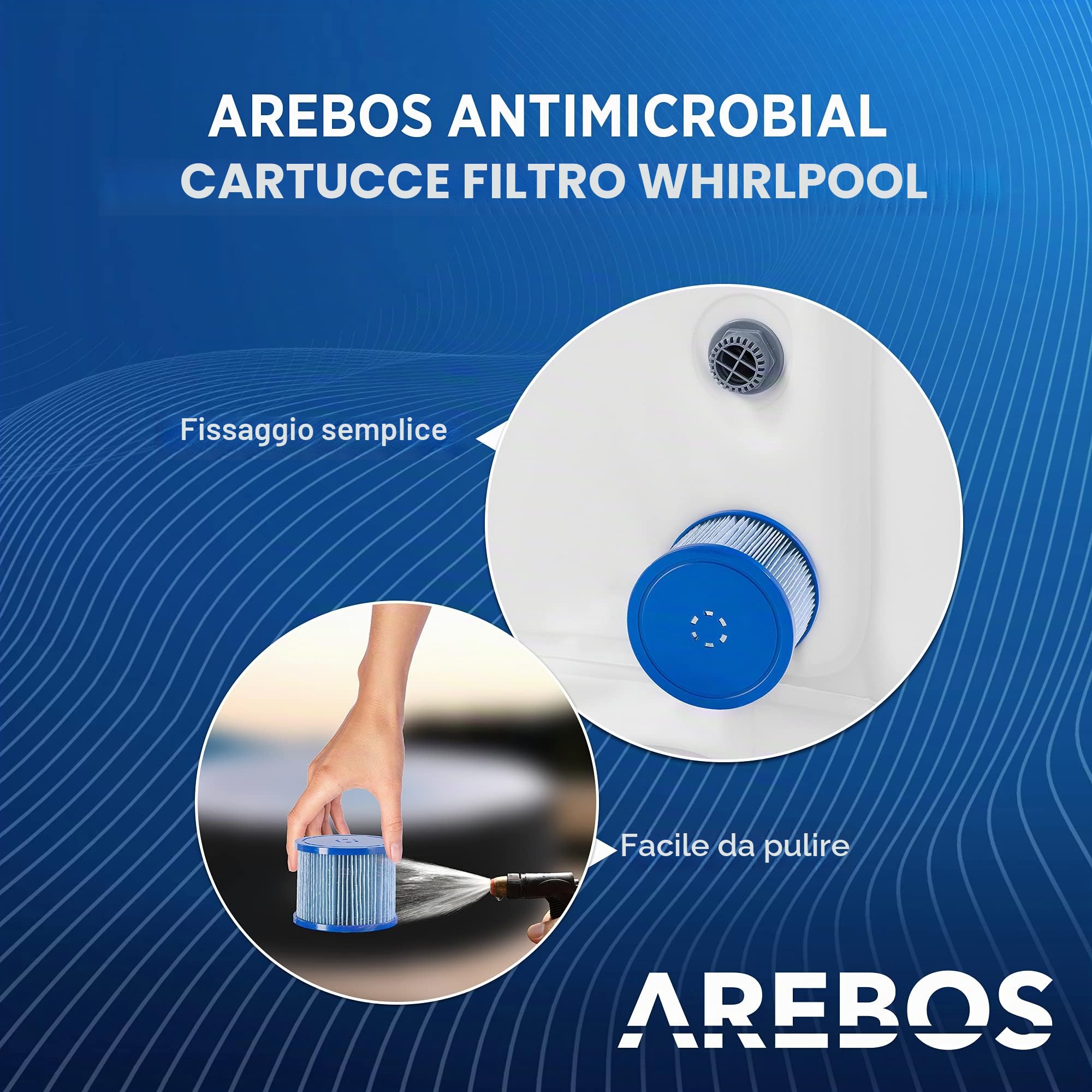 AREBOS | Filtro per Piscina, Vasca idromassaggio e Spa | 6 cartucce con Filtro antimicrobico | Blu