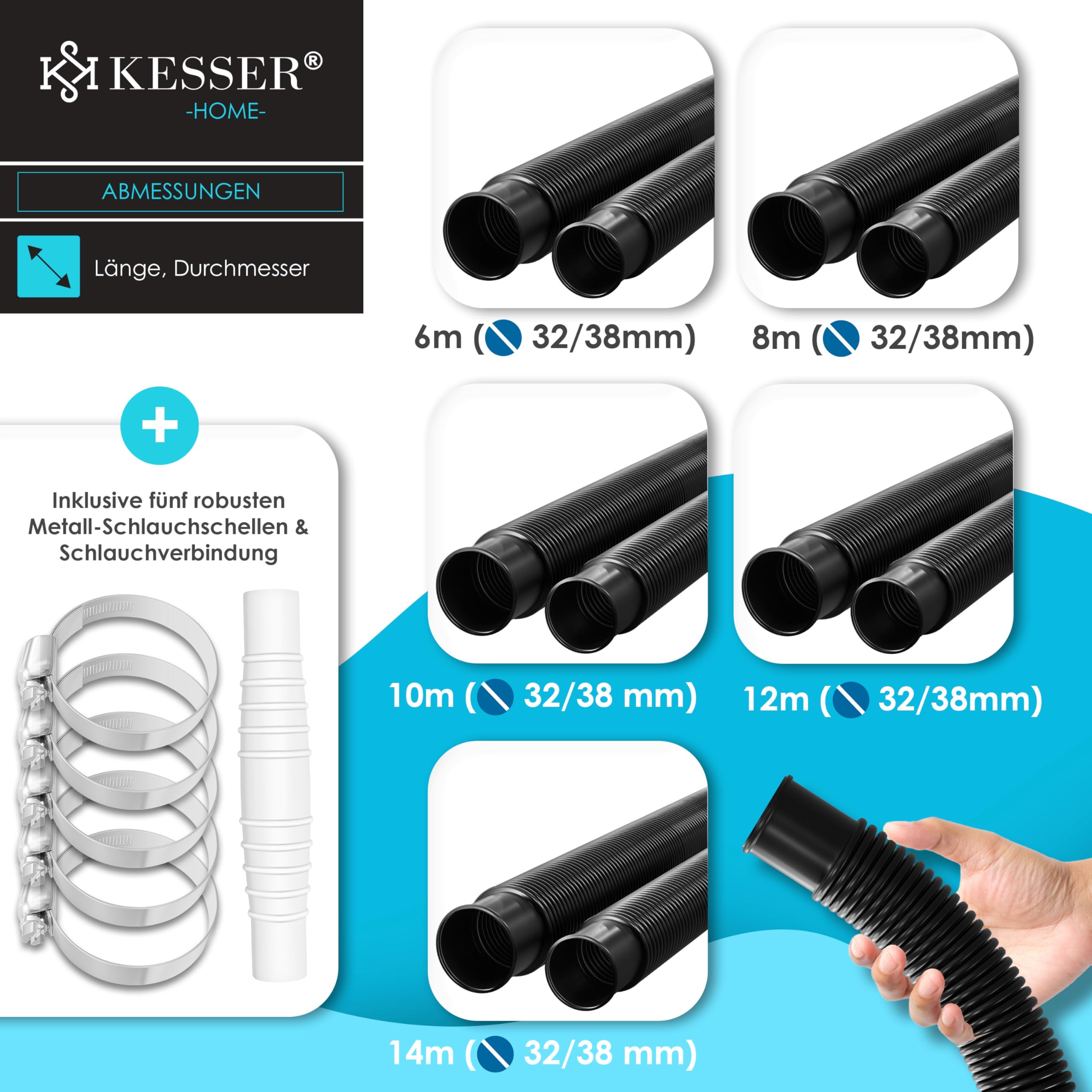 KESSER® Tuyau de bassin | Tuyau de piscine avec manchons | Tuyau solaire pour piscine et bassin | Tuyau d'aspiration | Tuyau de pompe | Tuyau d'eau flexible 8m / Ø 38mm, noir
