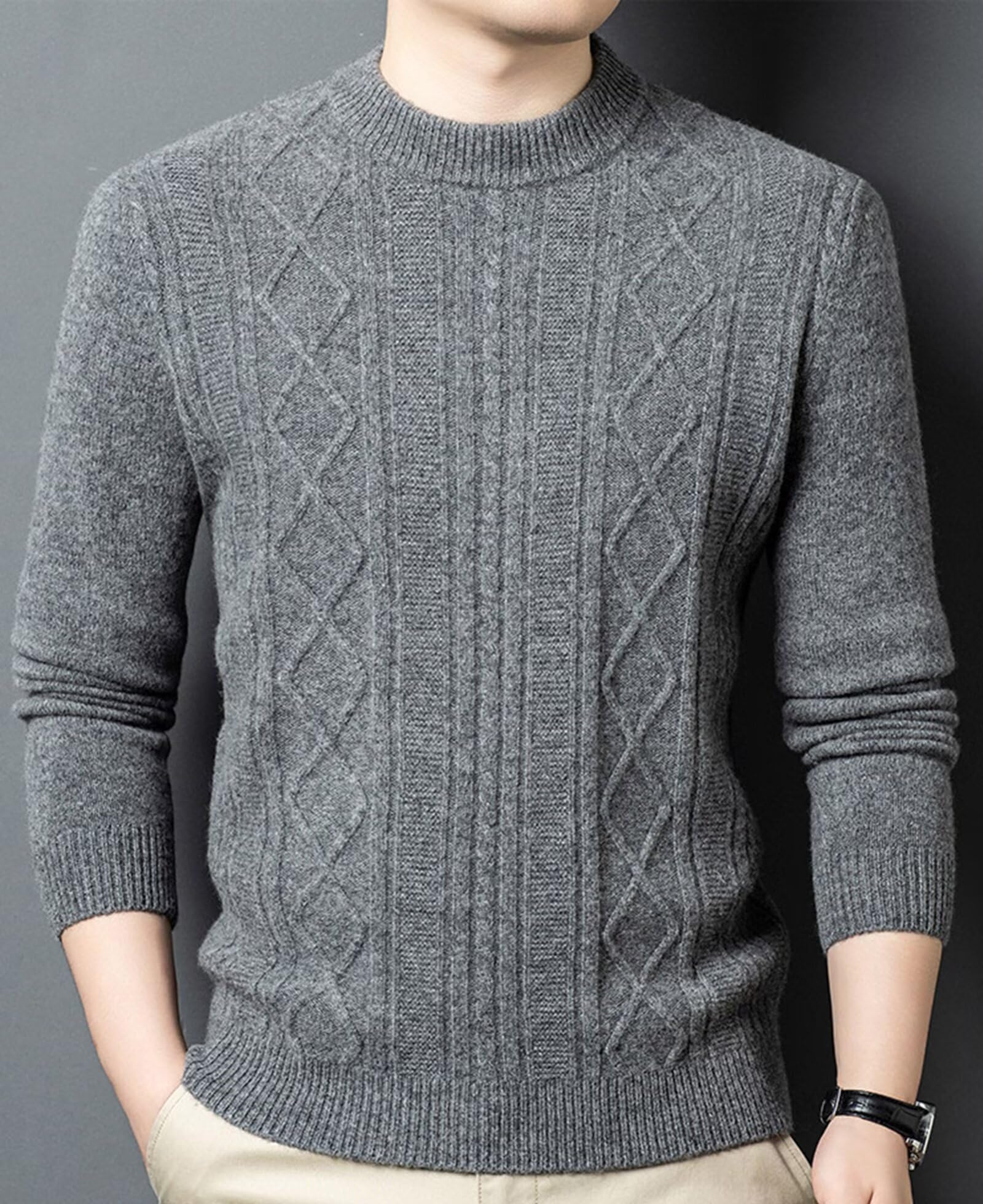HNVAVQ Maglione Uomo 100% Cashmere a Trecce Girocollo Classico Maglieria Invernale Traspirante
