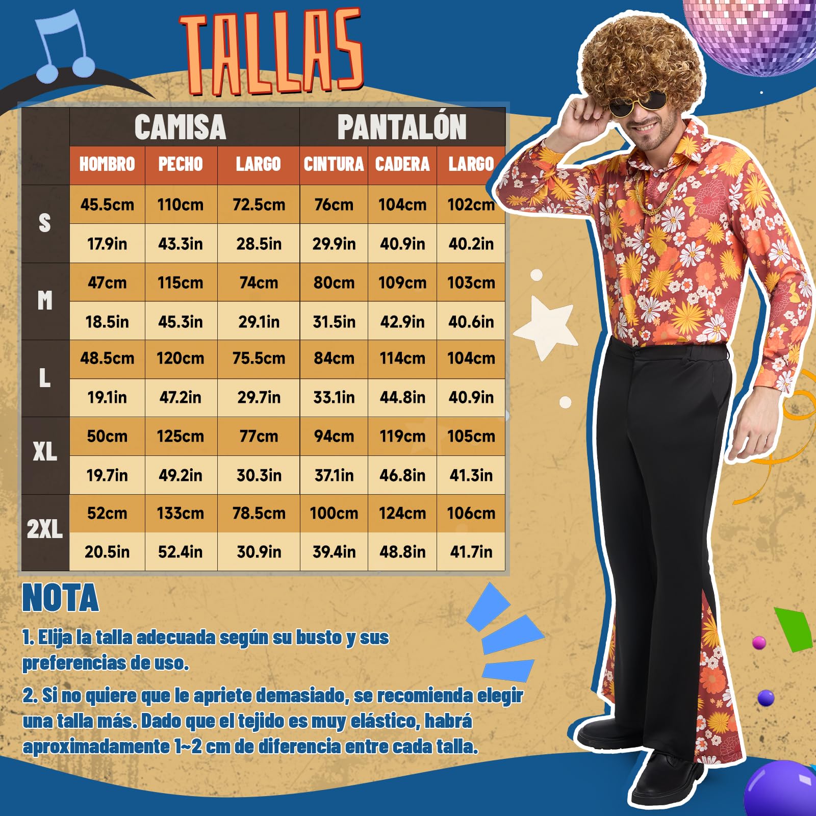 BuzzoXerex Disfraz Años 70 Hombre, 7 Piezas Disfraz Hippie Hombree con Peluca, Camisa, Pantalones de Campana y Accesorios de Disco para Carnaval Halloween y Fiesta Temática