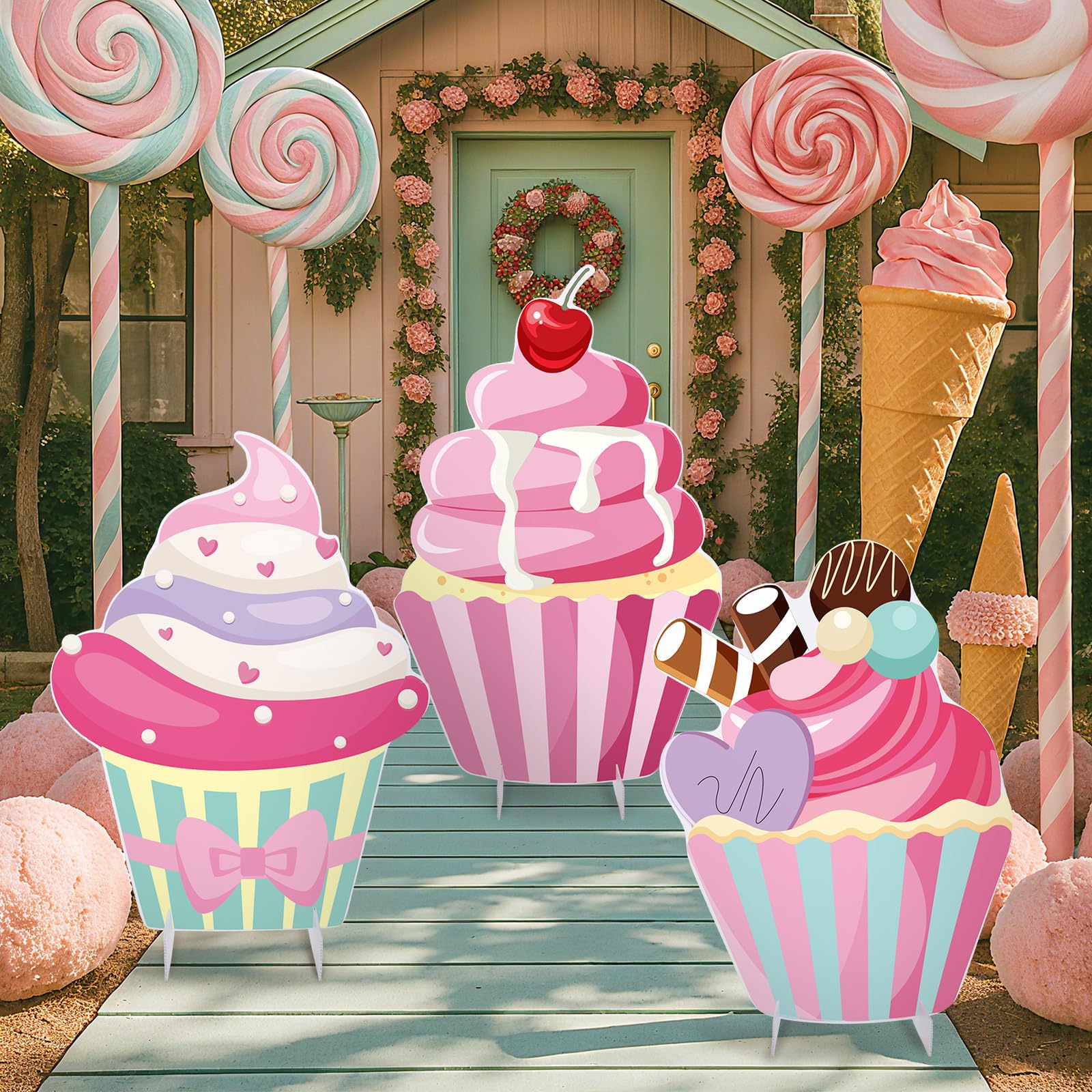 Photo 1 of ***SIMILAR ITEM***Soulchen 3 Pcs 24 Inch Large Cupcake Cardboard Cutout Photo Props Stand up Candy Land Party Decorations Cupcake Backdrop Yard Signs Christmas Candyland Party Supplies for Birthday Baby Shower