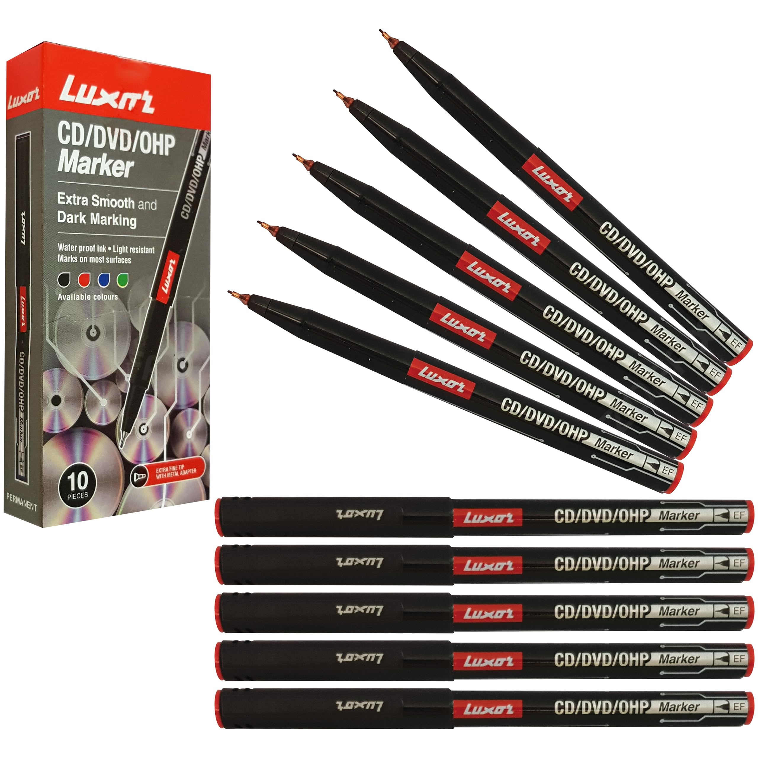 LUXEFIN Permanent Marker Pens, RED, Pack of 10, Extra Fine Tip, Write-4-All, Smooth Surface Markers, Waterproof Ink