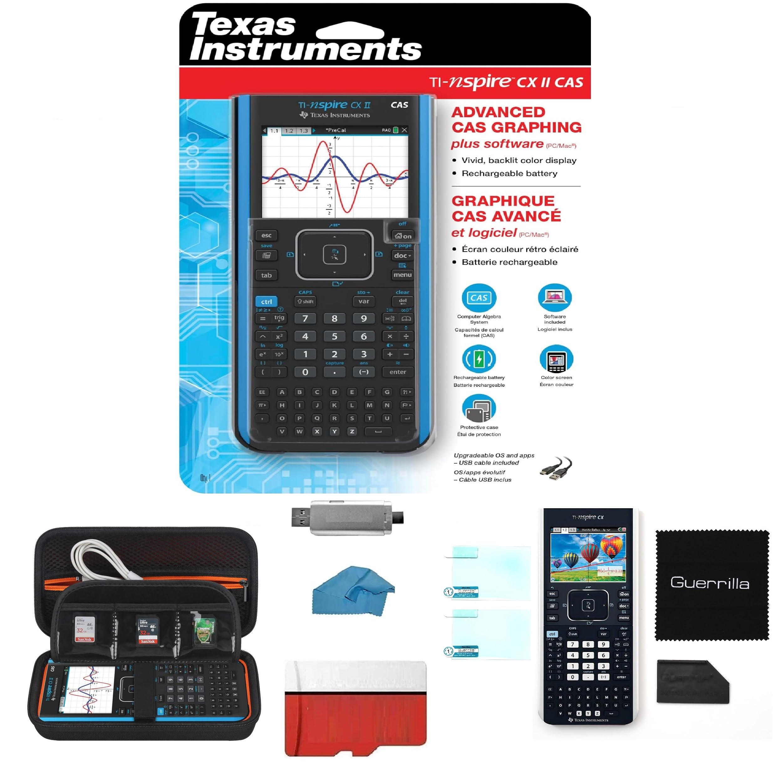 K Bundle for Texas Instruments TI-Nspire CX II CAS Color Graphing Calculator with Student Software (PC/Mac) with Case, Screen Protector, 128GB sd Card, and Cleaner