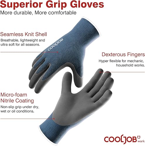 Miniatura 2 de COOLJOB Guantes de trabajo de seguridad de nitrilo de microespuma con dedos para pantalla táctil, 6 pares de guantes de trabajo ligeros para manos