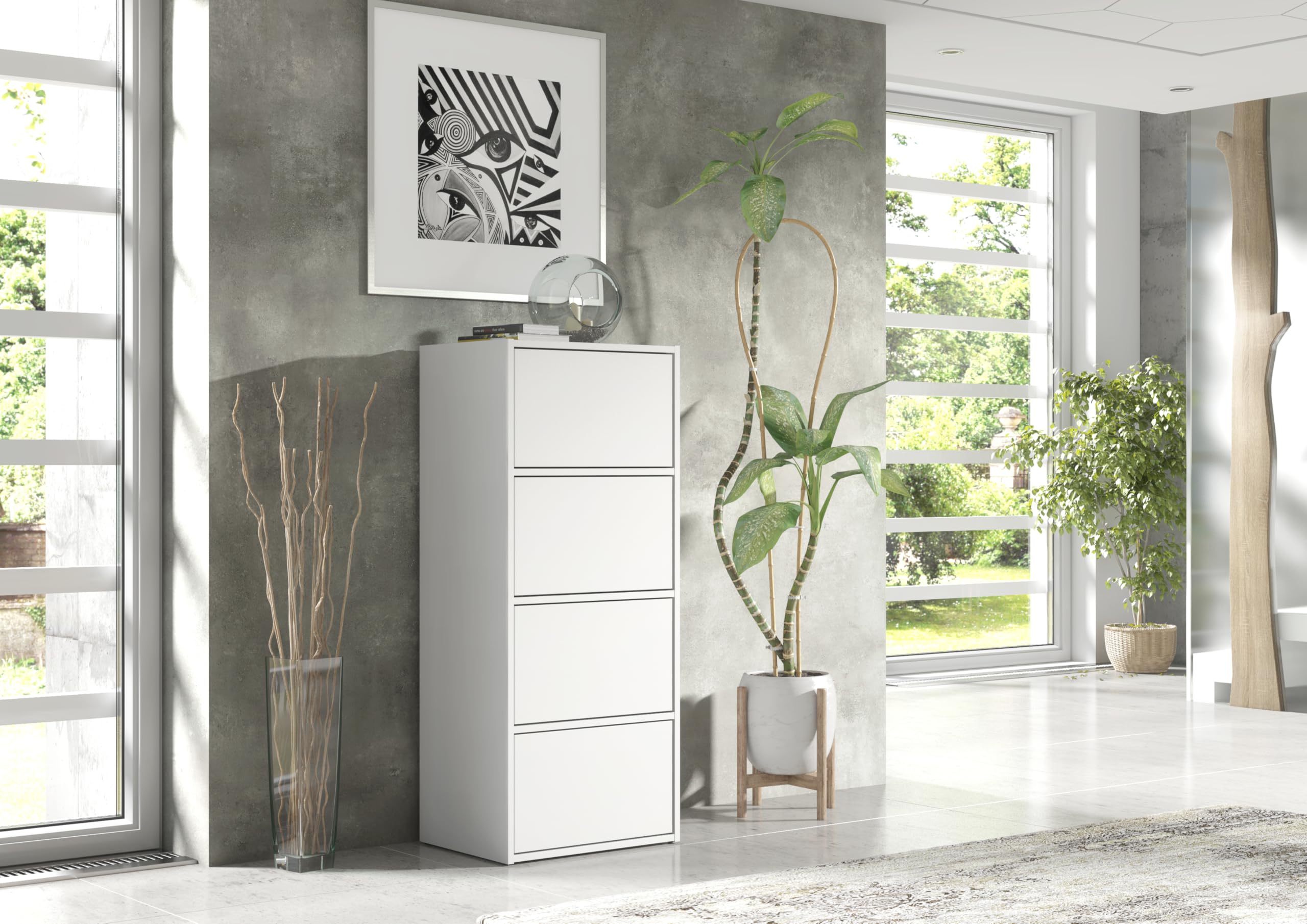 Mobile Moderno Bianco per Camera da Letto e Soggiorno – Cassettiera Alta con 4 Ante, Scarpiera Salvaspazio, Credenza Multifunzionale, Mobiletto 50x39x120 cm