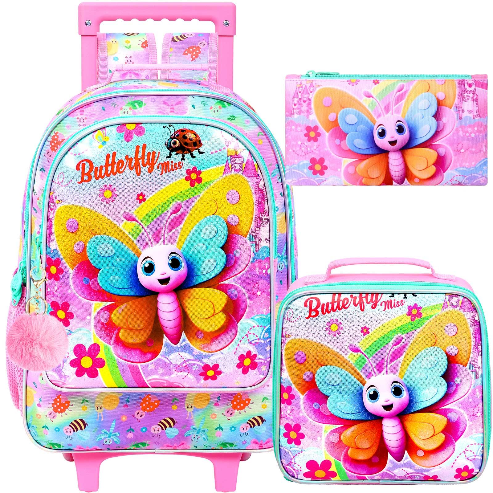gxtvo Girls Rolling Backpack, Cute Butterfly Roller Wheels Kids Bookbag - Wheeled Elementary School Bag - 3PCS Butterfly