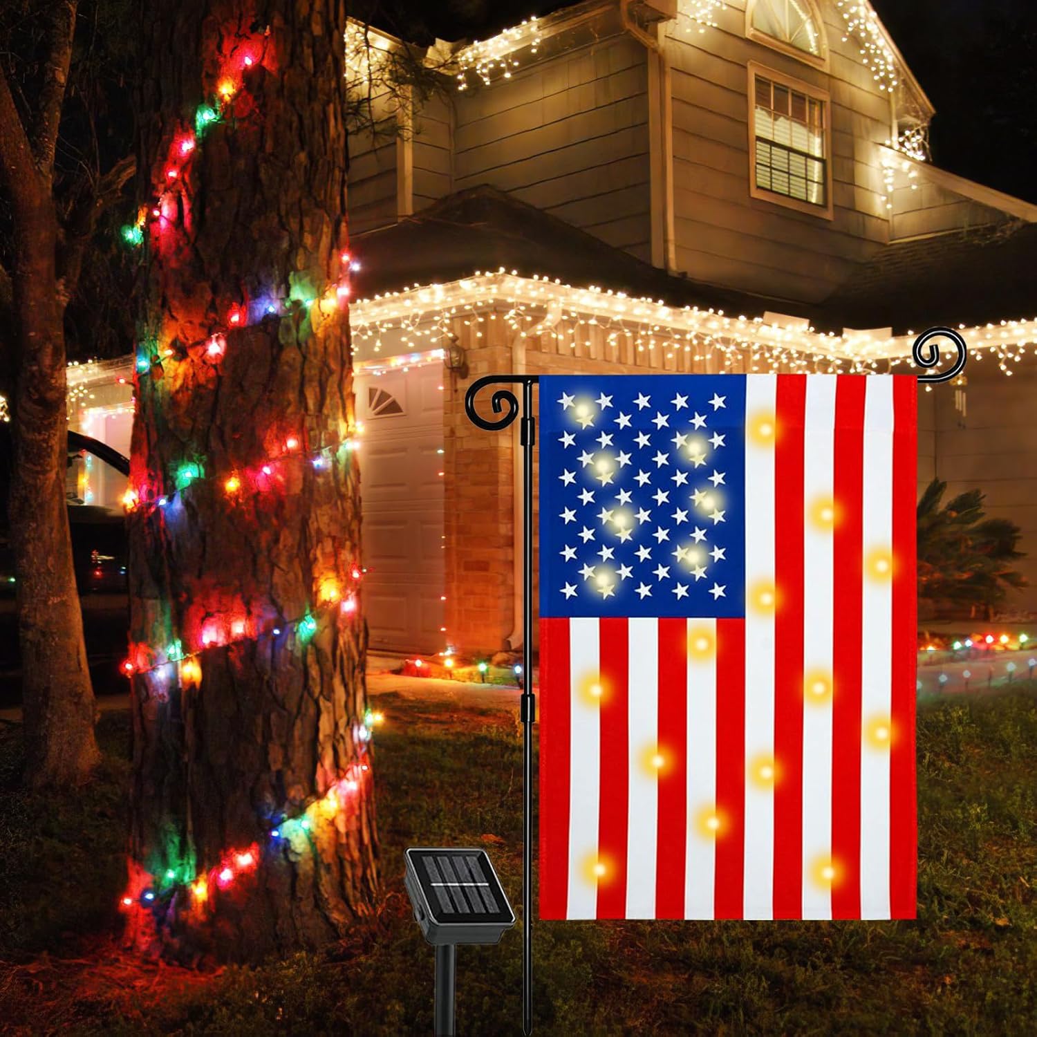 12 x 18 Double Sided American Garden Flag with Lights- Solar LED Burlap US Flag, Luminable Yard Garden Flag for Patio Lawn Outside Outdoor Decorative