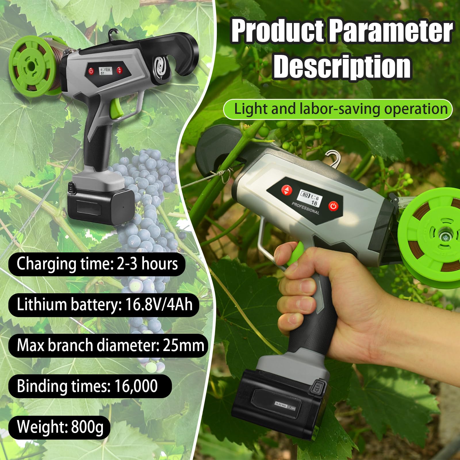 Máquina eléctrica para atar plantas, herramienta de atado portátil con anillo de 6 velocidades, correas de hasta 25 mm, incluye 2 paquetes de bridas