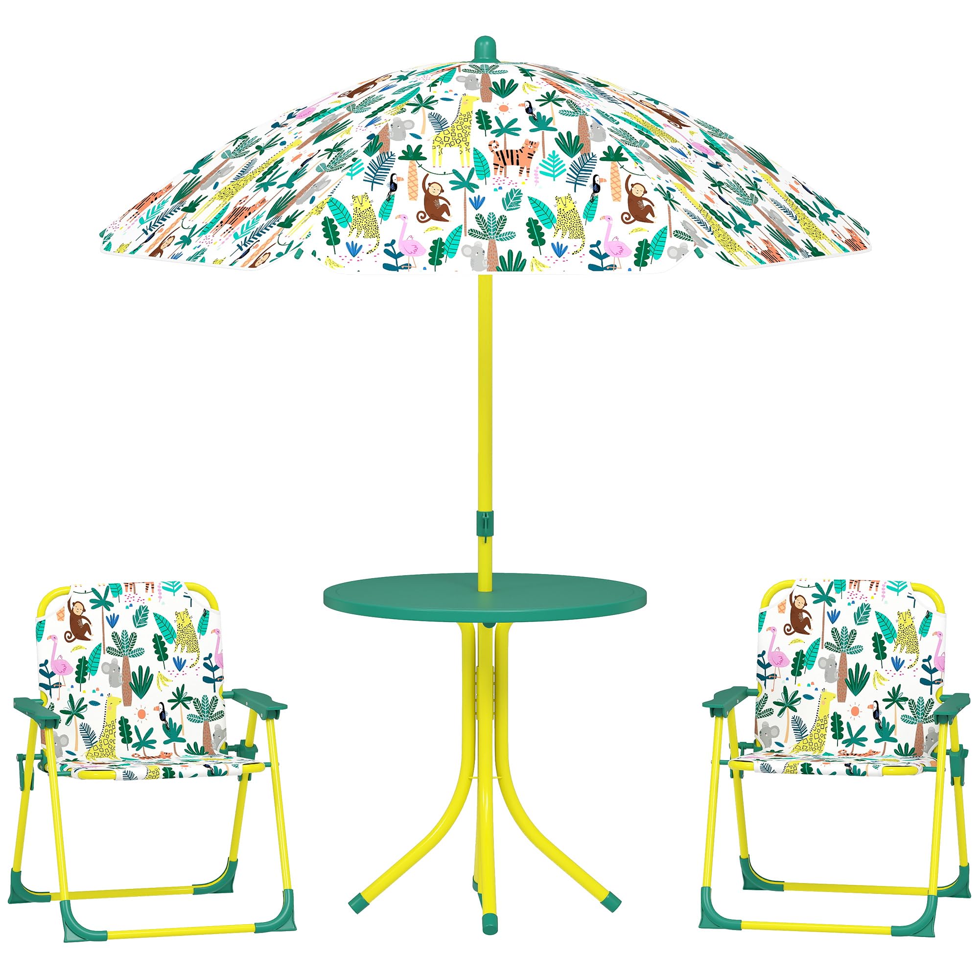 AIYAPLAY Conjunto de Mesa y Sillas Infantil de Jardín de 4 Piezas, Mesa Infantil con Sillas Plegables, Sombrilla Desmontable, Diseño de Jungla, para Patio, Pícnic, Verde