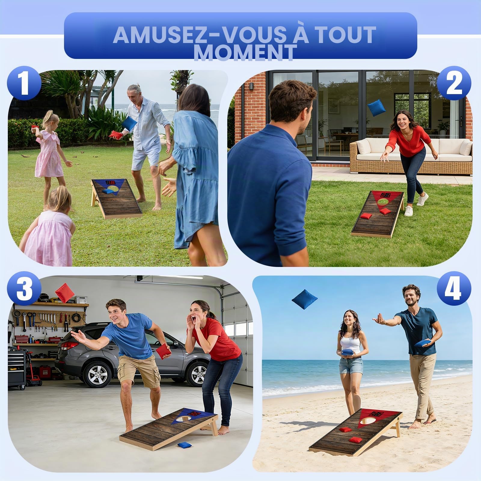 NZQXJXZ Jeu de Cornhole Amélioré avec Compteur de Points Automatique | 60 x 35 cm/90 x 55 cm Planches à Trous de Maïs de Qualité Supérieure en Bois Massif avec 8 Poufs et Un Sac de Transport