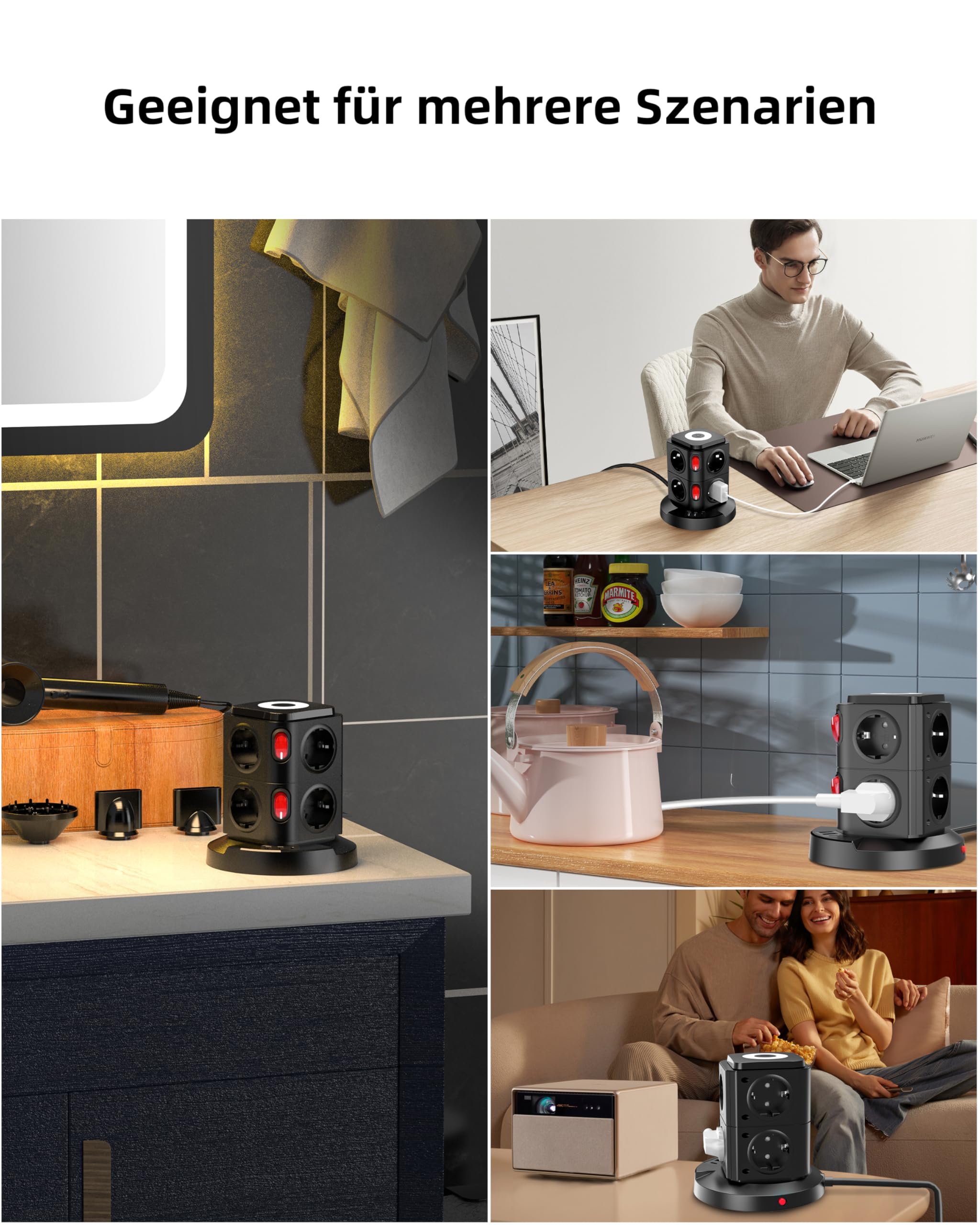 AORIDO Listwa zasilająca 8 wielogniazdowych 3680 W z USB, gniazdo wieżowe LED z przełącznikiem, ochrona przeciwprzepięciowa, przedłużacz 1,8 m, wtyczka rozdzielcza do biura
