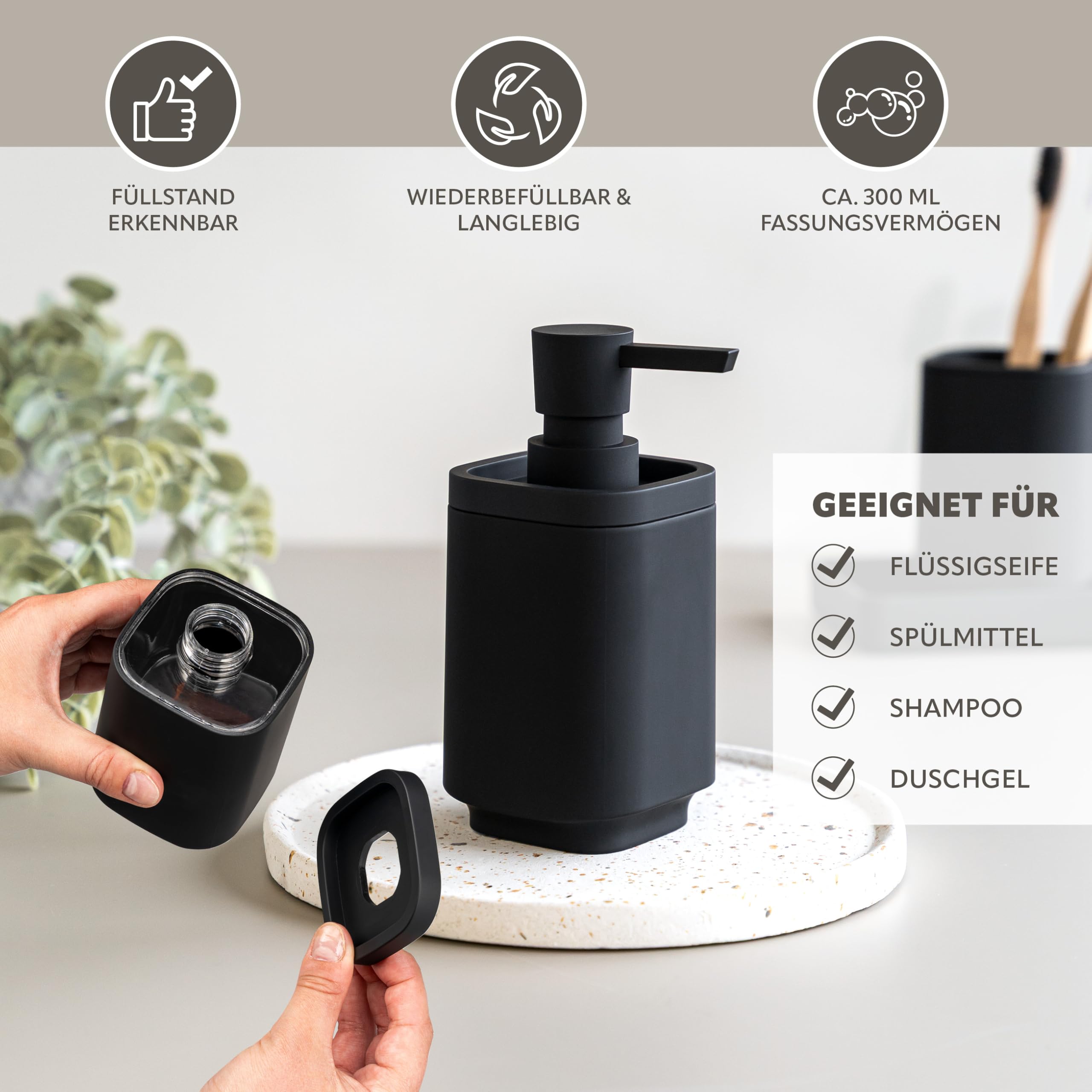 eluno Badezimmer-Set VALONA mit Soft-Touch Oberfläche, Bad-Accessoires Set 5tlg., Seifenspender, Becher, Schale, Kosmetikeimer und WC-Garnitur ideal für Bad und Gäste-WC aus Kuntstoff (Schwarz)