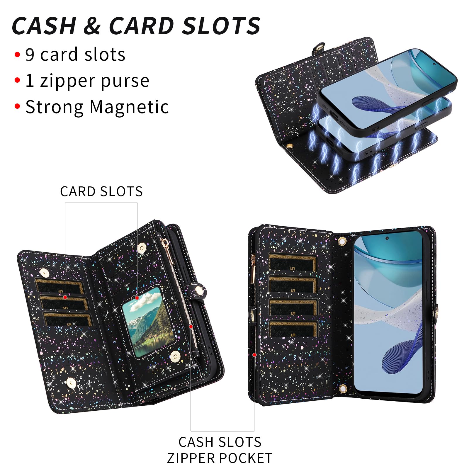 Asuwish Custodia per telefono per Motorola Moto G 5G 2023 Portafoglio con cerniera magnetica rimovibile con pellicola protettiva in vetro temperato e supporto per carte glitterate, accessori per