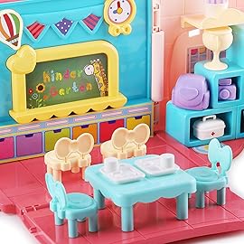 iPlay, iLearn Backpack Dollhouse Playset for Girls 3-5, Kids Pretend Play Doll House Set W/ Portable Backpack, Dolls, School Accessories, Birthday Gifts for 4 5 6 Year Olds Children Toddlers