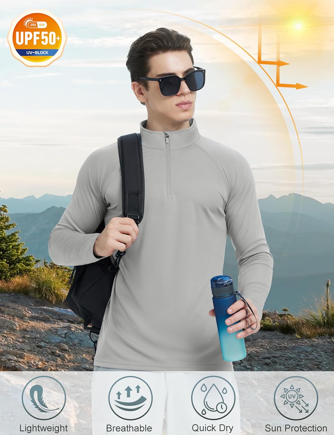 KEFITEVD Men's UPF 50+ Sun Protection Shirts Long Sleeve 1/4 Zip Up T-Shirt Quick Dry UV Fishing Running Rash Guard - Image 2