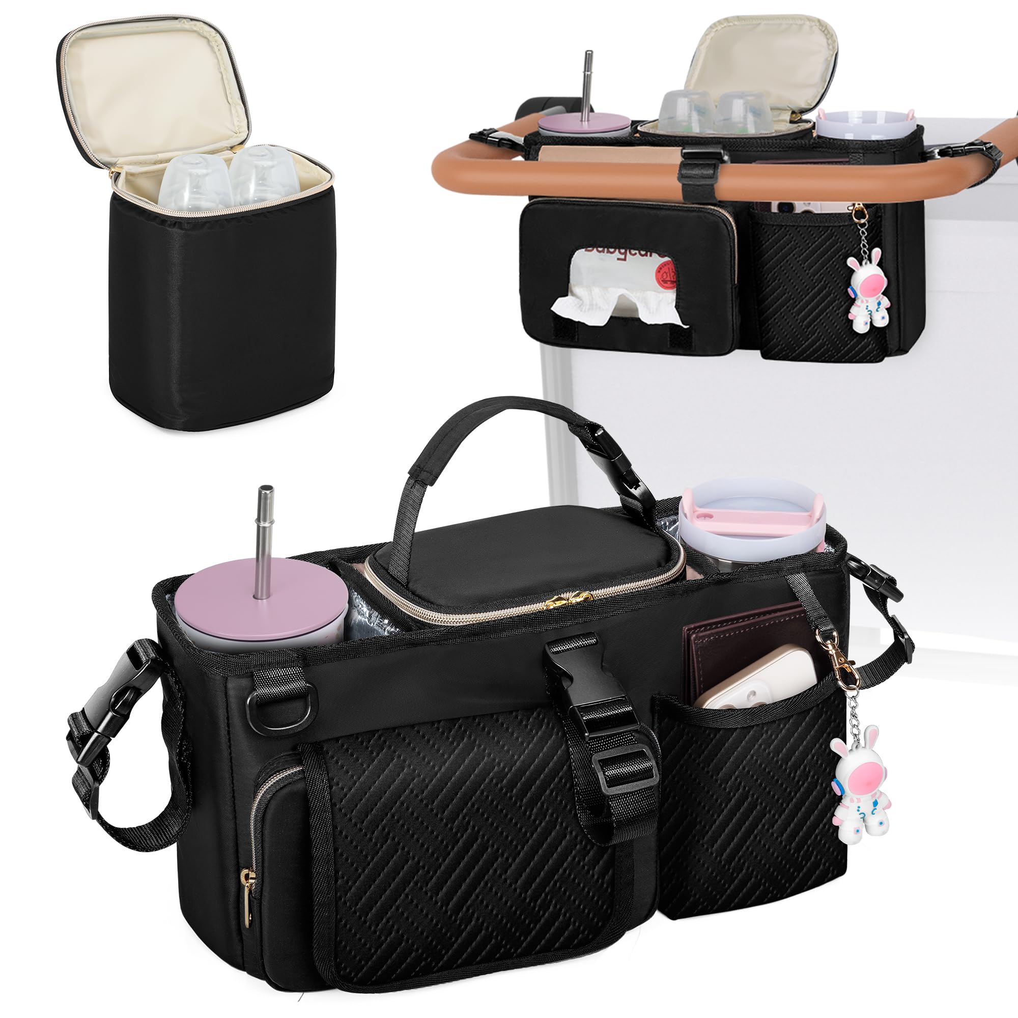 Prokva Parent Console Stroller Organizer Compatible with WONDERFOLD W2&W4&X, Wagon Stroller Caddy with 2 Insulated Cup Holders, A Removable Cooler Bag