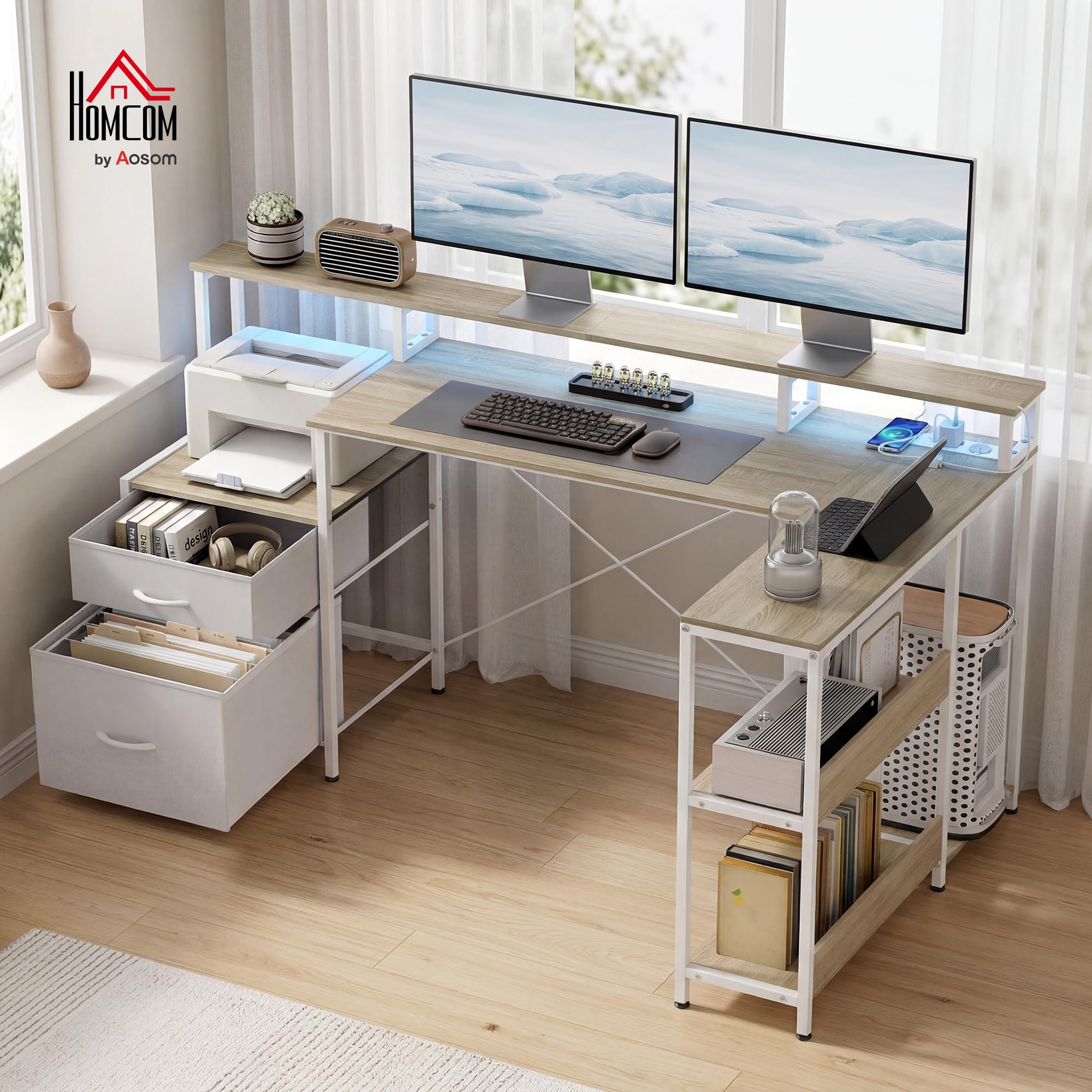 HOMCOM Bureau d'angle avec Prises et Lumières LED RGB 172x100cm Blanc