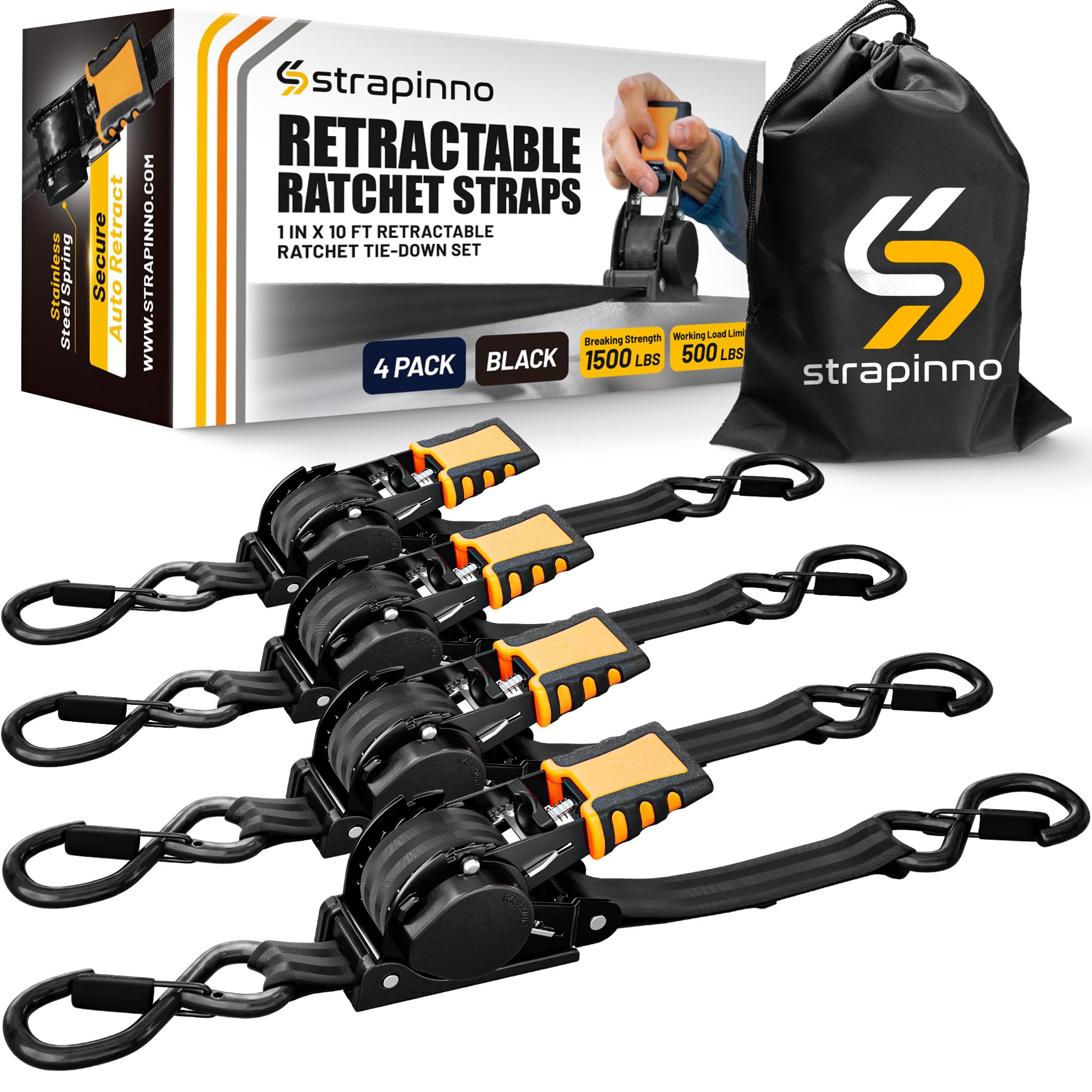 Sponsored Ad - Strapinno Retractable Ratchet Straps 1 in x 10 ft, Secure Tie-Downs with Rubber-Coated Steel Handles, for Motorcycle, Jetski, Kayak, Breaking Strength 1,500LBS/680KG (Black Strap, Black Coated)