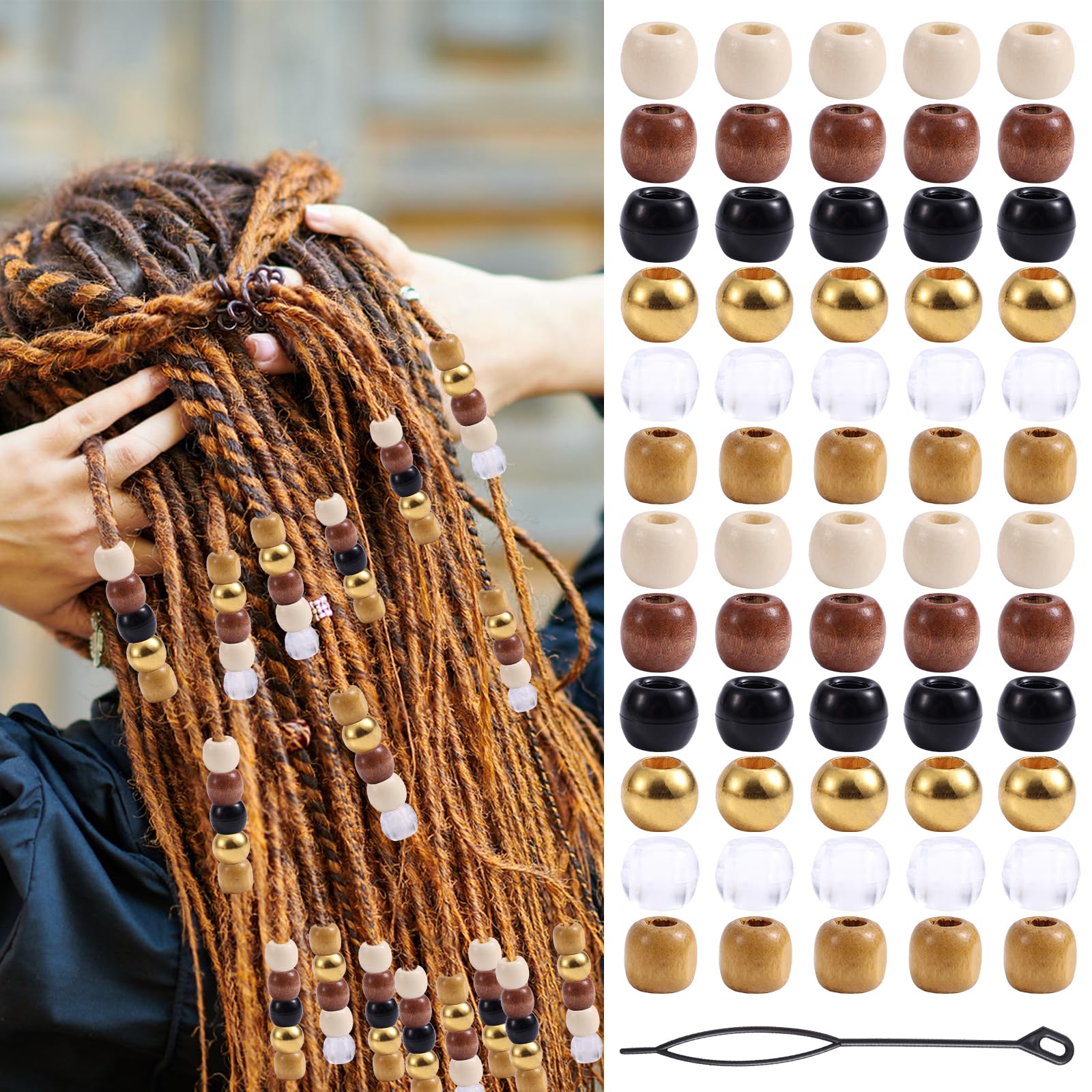 BOXOB 60pz Perline in Legno per Treccine, 6 Colori Accessori Treccine Kit Creazione Gioielli con Infila Perline Decorazioni Tubo Capelli Fermagli Treccia Fai-da-Te con Ciondoli per Donna e Uomo