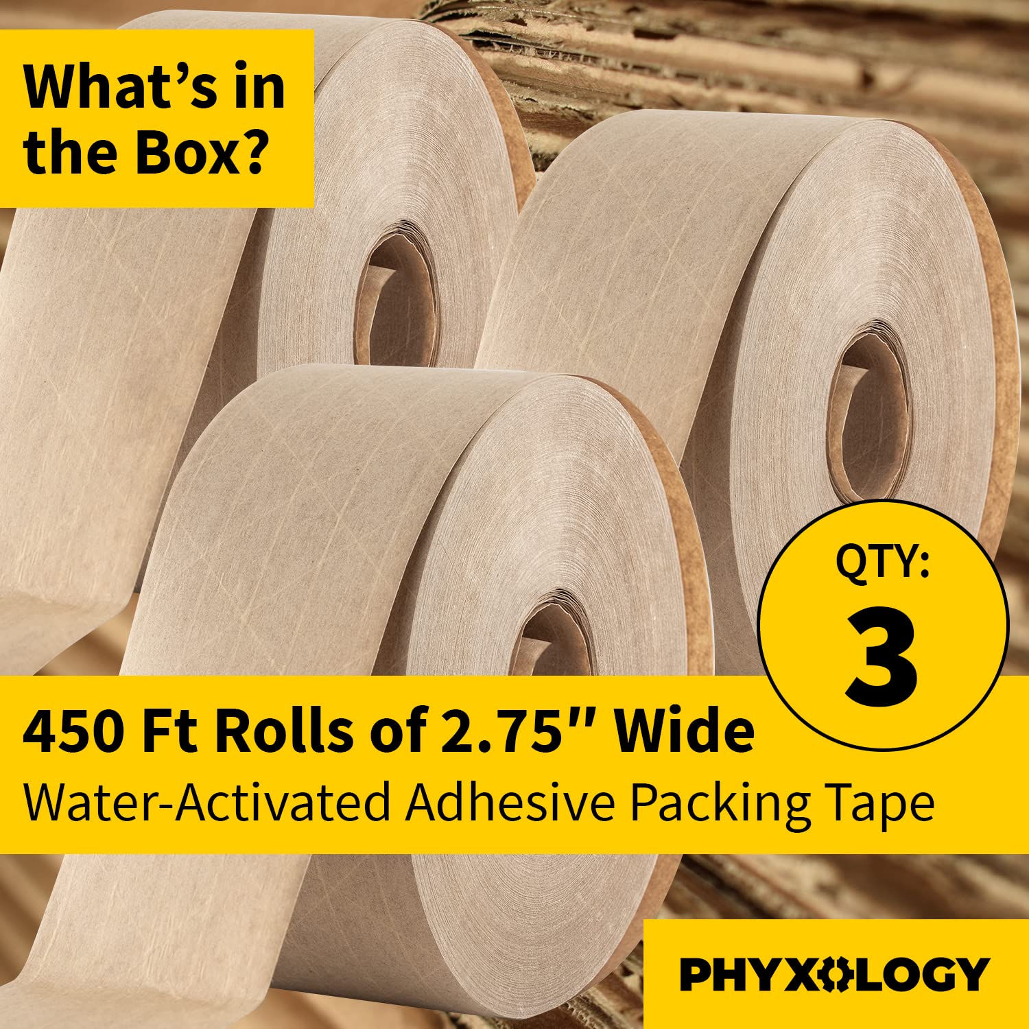 Ultra Durable Water-Activated Tape for Secure Packing 3Pk. 2.75 in, 450 Ft Brown Kraft Gum Tape Provides Heavy Duty Adhesive for Packaging and Shipping. Fiberglass Reinforced for Extra Strong Bond.