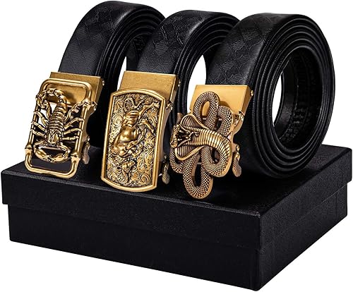 Miniatura 3 de Barry.Wang Juego de Cinturones con Trinquete y 3 Hebilla para Hombre, Cinturón de Regalo de Cuero de Grano, Hebilla Automática de 3,5 cm, para Día
