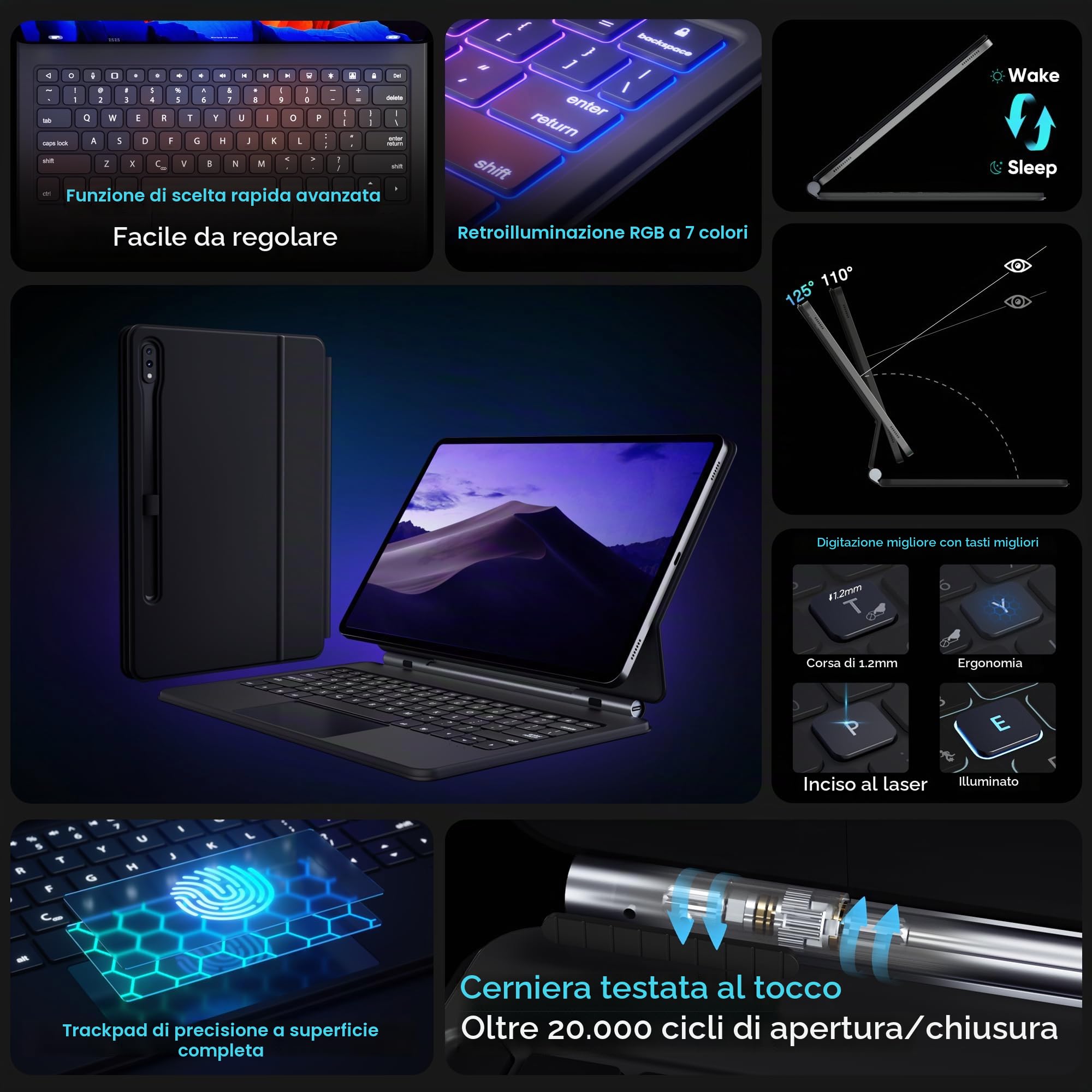 doqo Custodia tastiera per Samsung Galaxy Tab S10+ Plus/S9+/S9 FE+/S8+/S7+/S7 FE 12,4 pollici Custodia magnetica con tastiera, touchpad retroilluminazione, supporto in cantilever fluttuante (Nero)