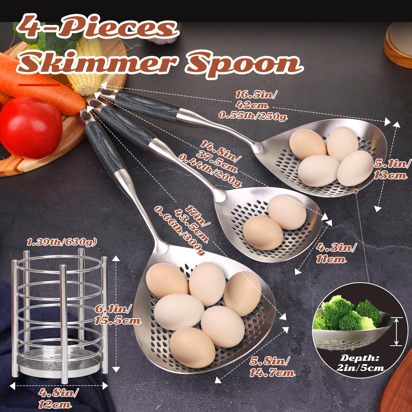 Skimmer - Juego de 4 cucharas ranuradas asiáticas, utensilios de cocina asiáticos, colador de araña, cuchara con soporte para freír alimentos, pasta, verduras, albóndigas, 14.8 pulgadas, 16.5