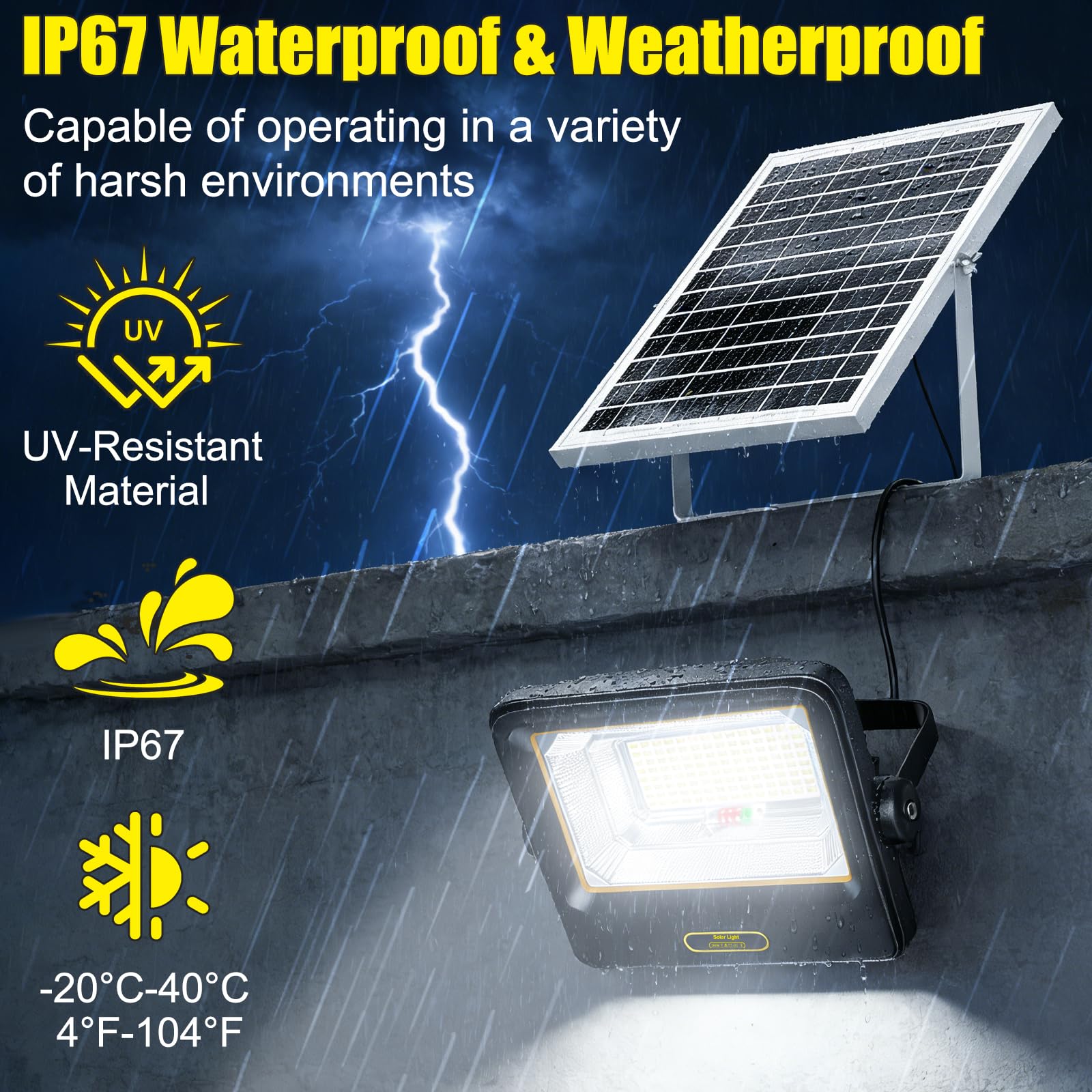 100W Focos LED Exterior Solares con Control Remoto,Indicador de Batería,7 Modos,IP67 a Prueba de Agua con Cable de 4.2m,Luz Solar Exteriorpara Garaje,Jardín,Puerta de Entrada,Patio y Césped - 5