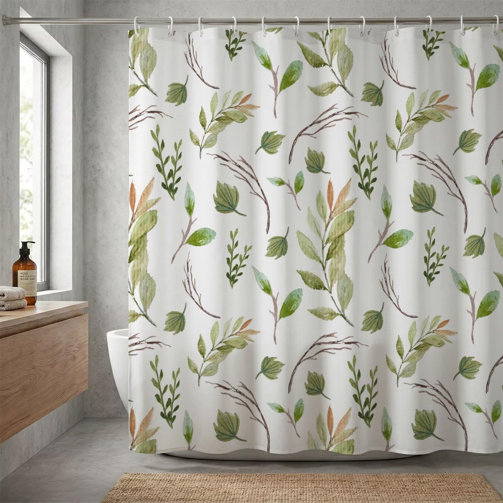 Duschvorhang 300x200 cm, Salbeigrün Anlage Design, wasserdichte Badezimmer Duschvorhänge, Polyester Stoff Badevorhang mit Beschwertem Saum, Maschinenwaschbar Schnelltrocknend mit 12 Haken, K-O8081