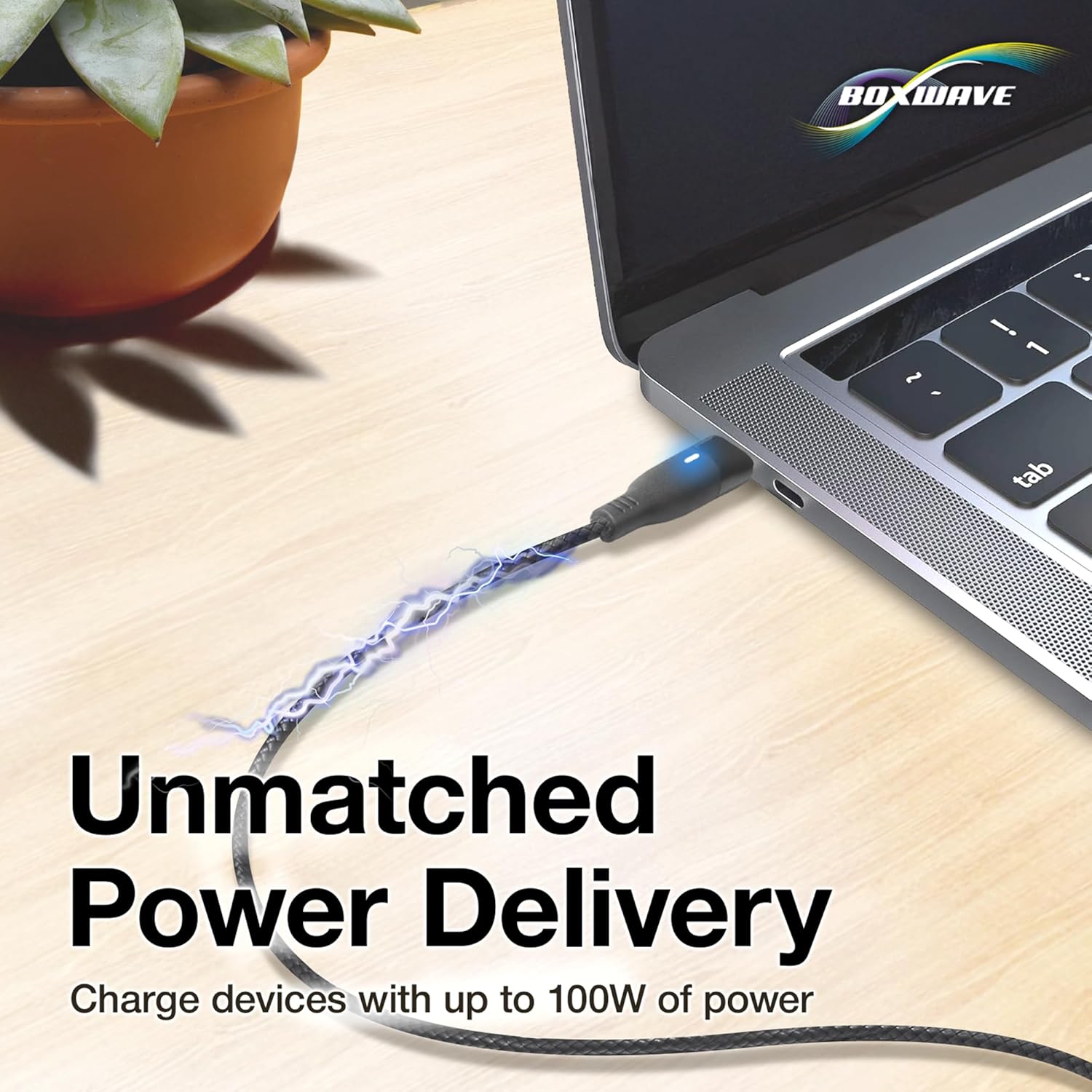 The BoxWave MagnetoSnap cable charging a laptop, illustrating its 100W Power Delivery capability.