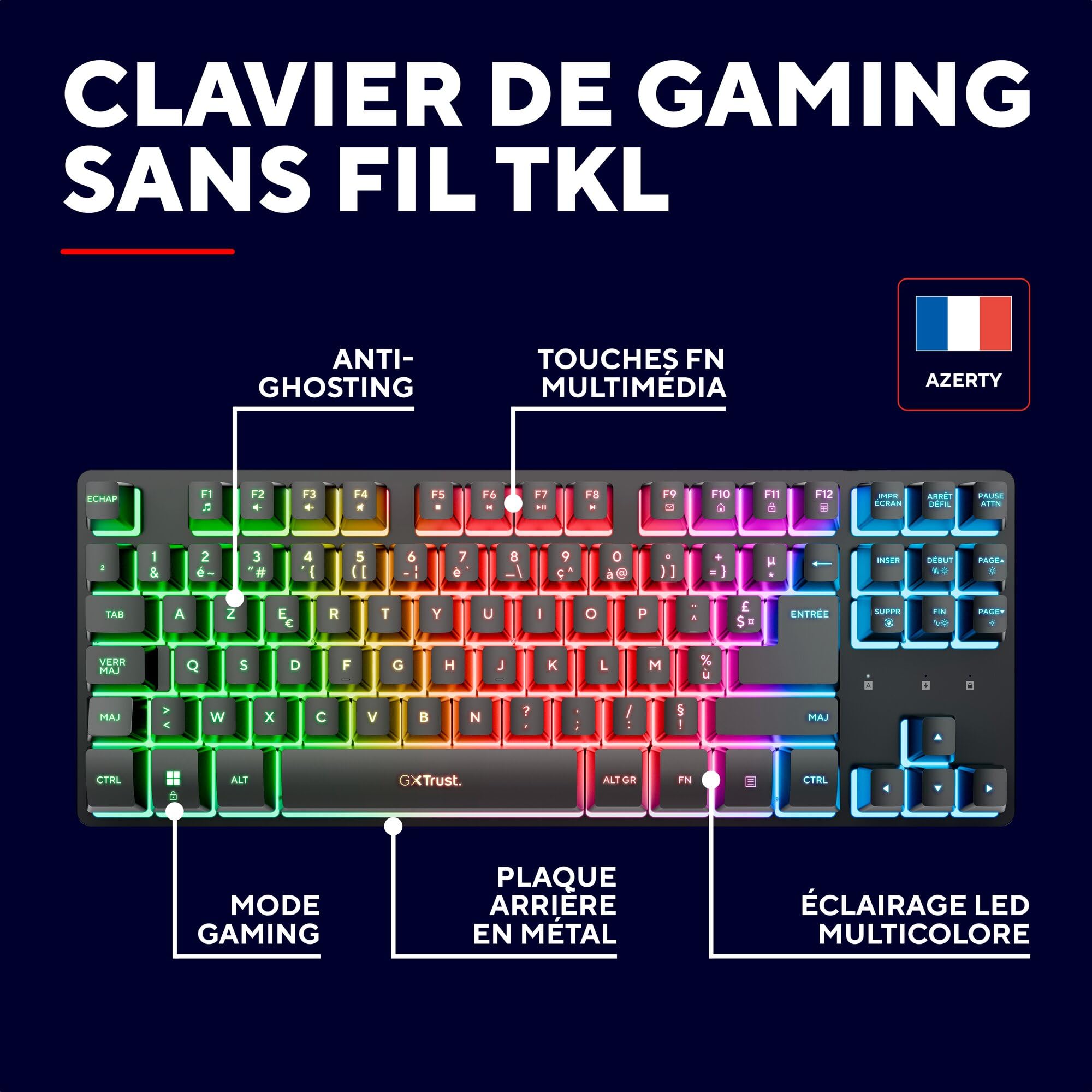 GXTrust Dothix Clavier sans Fil TKL 80%, Layout AZERTY Français, Noir | Éclairage RGB LED, Clavier Gamer Rechargeable 2.4GHz, Batterie 420 Heures pour Windows, Mac, PC, Ordinateur