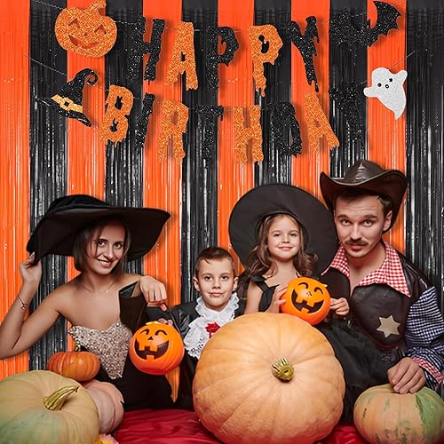 Miniatura 9 de BRAVESHINE Cortinas de fondo de fotos de oropel  2 unidades de 3.2 x 8.2 pies de cortina de flecos de aluminio negro naranja para cumpleaños,