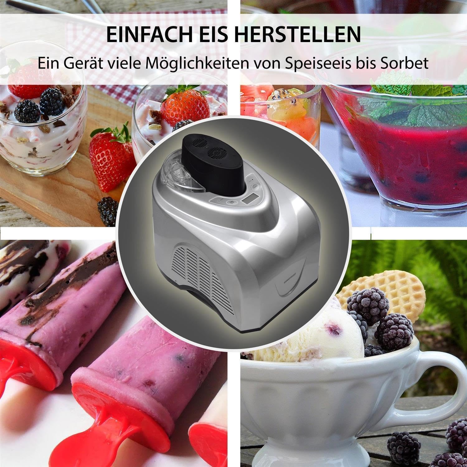 Gino Gelati Eismaschine mit Kompressor Zentoria Eiscreme Maschine Eisbereiter, 1 Liter Kapazität. 180 Watt, Edelstahl, Silbernes Design, leichte Reinigung
