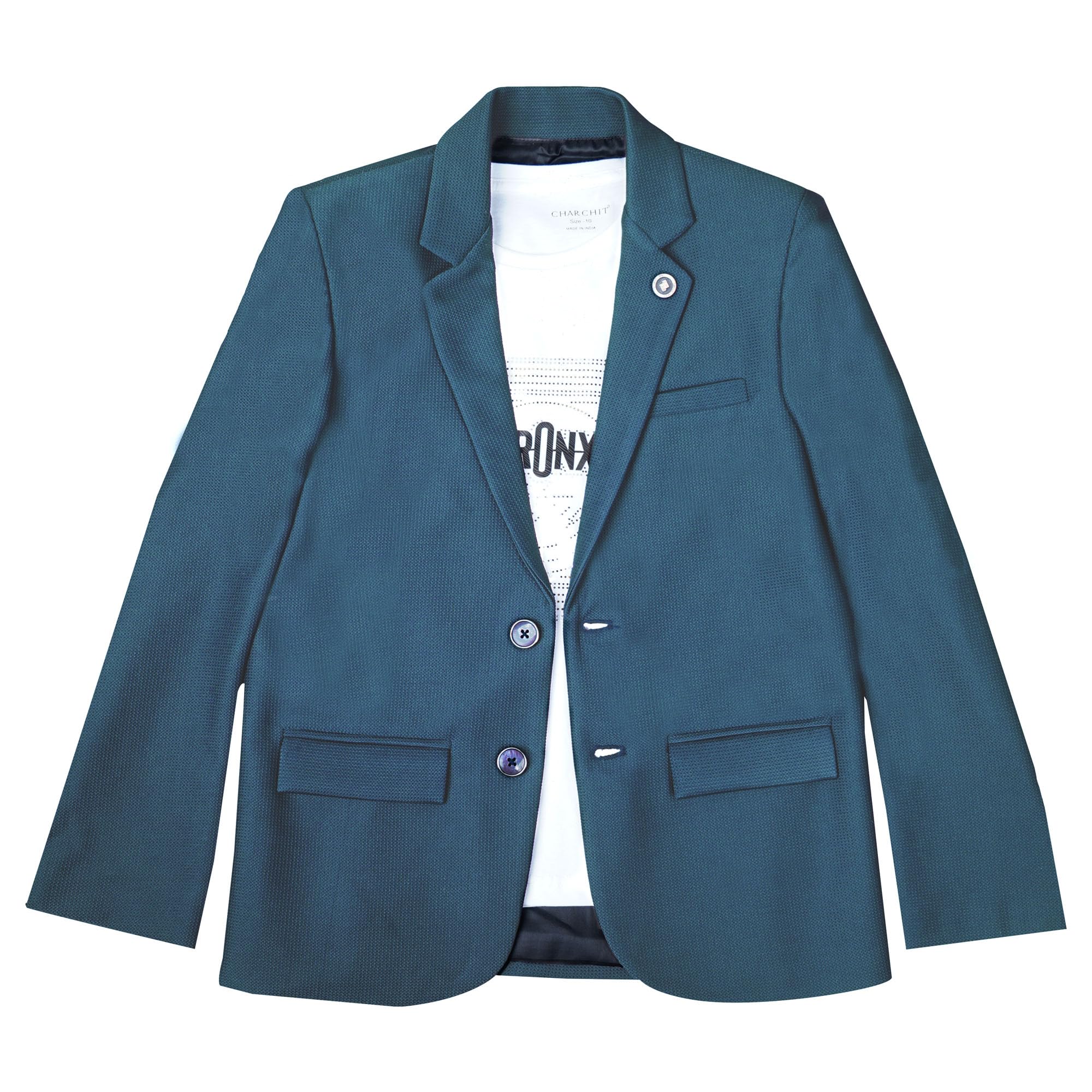 CHARCHIT Boys Cotton Blend Full Sleeves Solid Blazers and T-Shirt - TurquoiseBlue