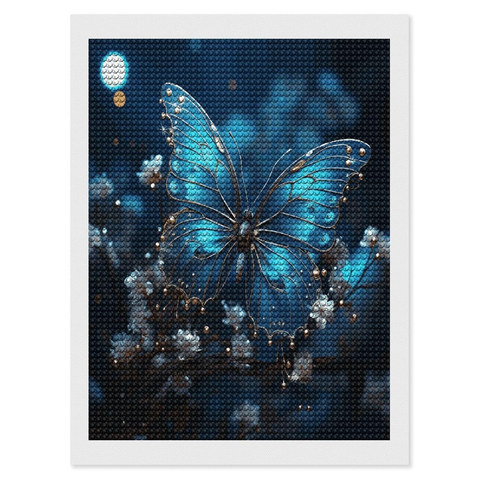 Blue Butterfly and Moon Diamond Art Kits for Adult Round Full Drill Diamond Dots Paintings for Beginner Picture Art DIY Diamond Painting Kits 5D Diamond Art Painting for Home Wall Decor 12"x16"