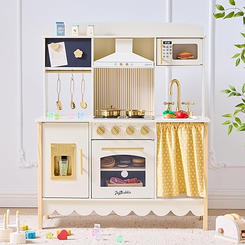 Miniatura 8 de Cocina de juego para niños, moderno juego de cocina para niños pequeños con luces y sonidos, juego de cocina de juguete de madera con 25 accesorios,