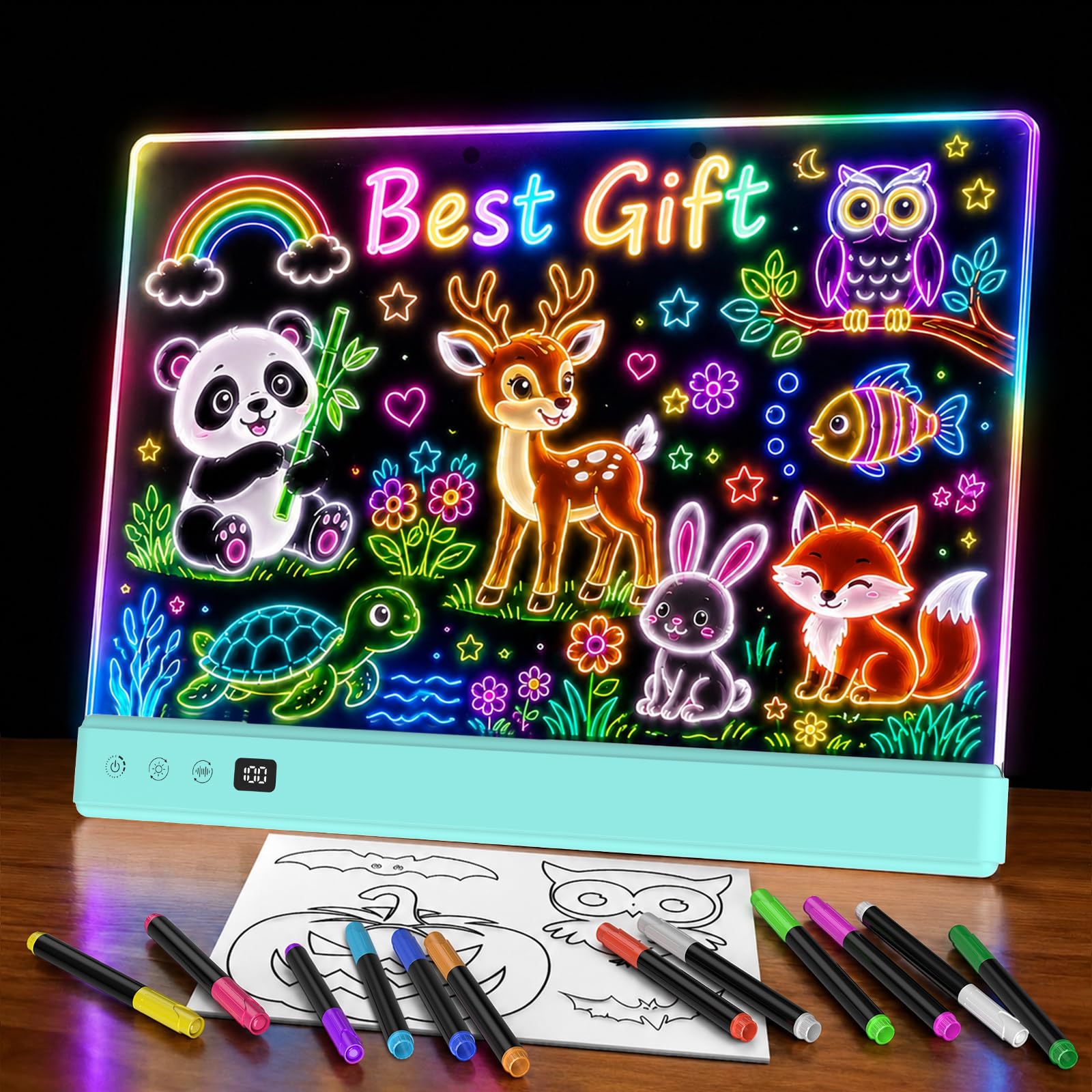 TOHETO LED Drawing Board for Kids, Rechargeable Glow Doodle LED Note Board, 16 Light Effects Acrylic Dry Erase Board, Neon Light Up Drawing Tablet Sketching Gifts Toy Ideas for Girls/Teens, 12 Markers