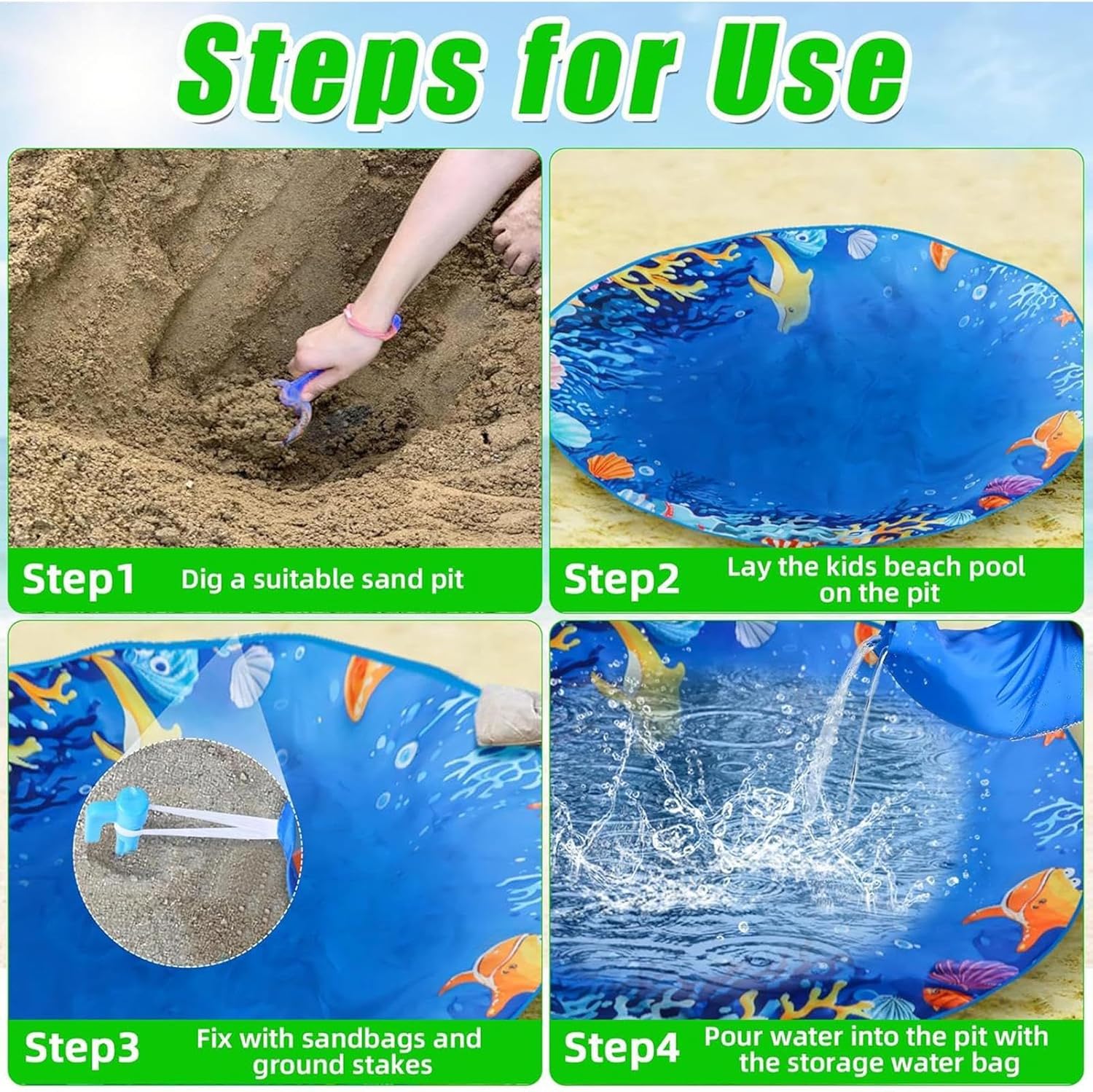 Beach Pool - Beach Play Puddle - Travel Water Play Mat - Portable Beach Pool - Sandproof Wading Puddle with Carrying Bag - Outdoor Water Play Toy for Kids, Boys and Girls At The Beach Or Backyard