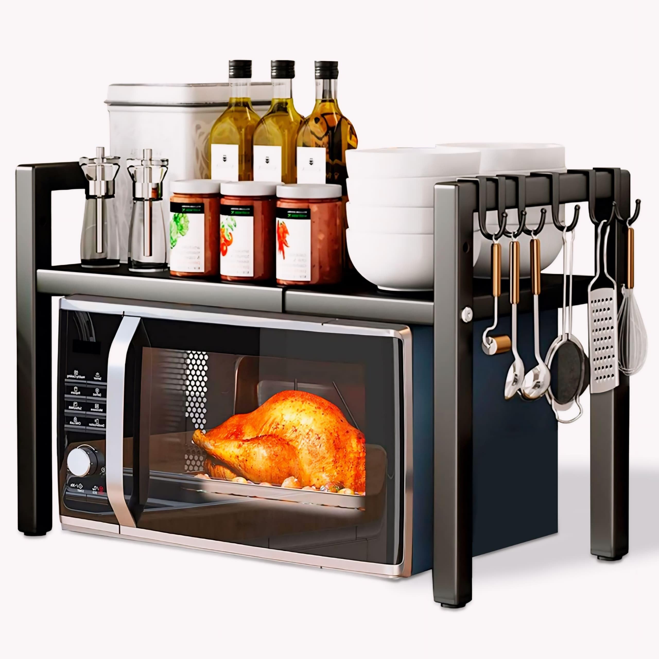 JUPPLIES Soporte Extensible para Microondas de 2 Niveles - Organizador de Cocina Ajustable con 4 Ganchos - Estante de Almacenamiento Mueble Microondas Robusto - Extensible de 39.5 hasta 64 cm