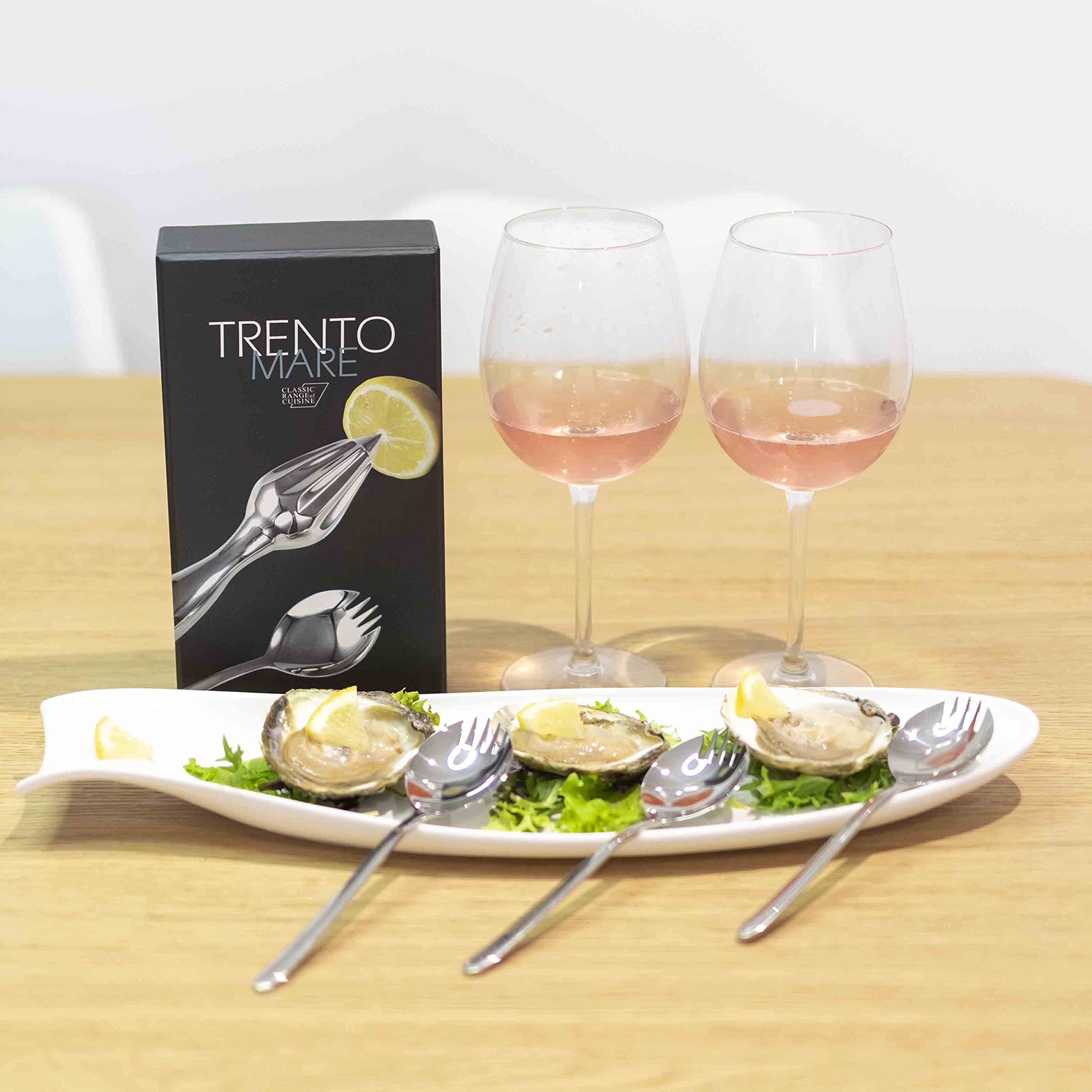 Franquihogar - Posate per ostriche, cozze, capesante, zamburigas, forchetta per spiedini | 6 cucchiaio-forchetta e spremiagrumi in acciaio inossidabile | Trento Mare edizione deluxe