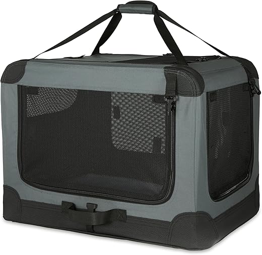 Amazon Basics 4 Door Folding Portable Pet Carrier for Dogs and Cats, Grey, S 66cm x 46cm x 46cm