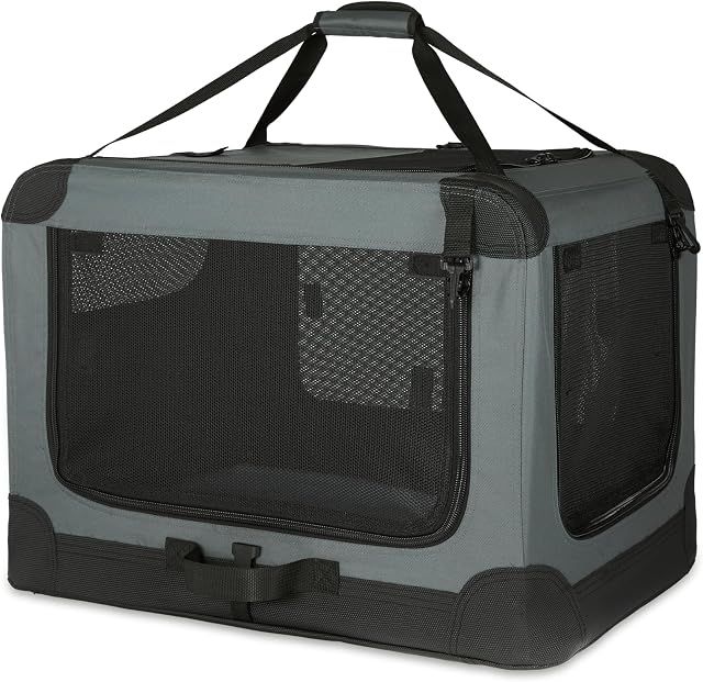 Amazon Basics 4-Doors Portable Soft-Sided Folding Travel Crate Kennel for cat, Dog, and Other Small Animals, Grey, S 66.04 cm x 45.72 cm x 45.72 cm
