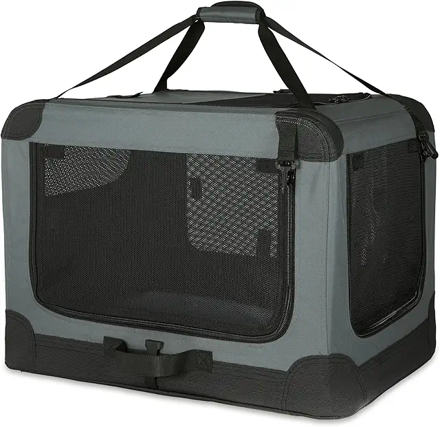 Amazon Basics Transportín portátil plegable de 4 puertas para perros y gatos, Gris, S 66 cm x 46 cm x 46 cm