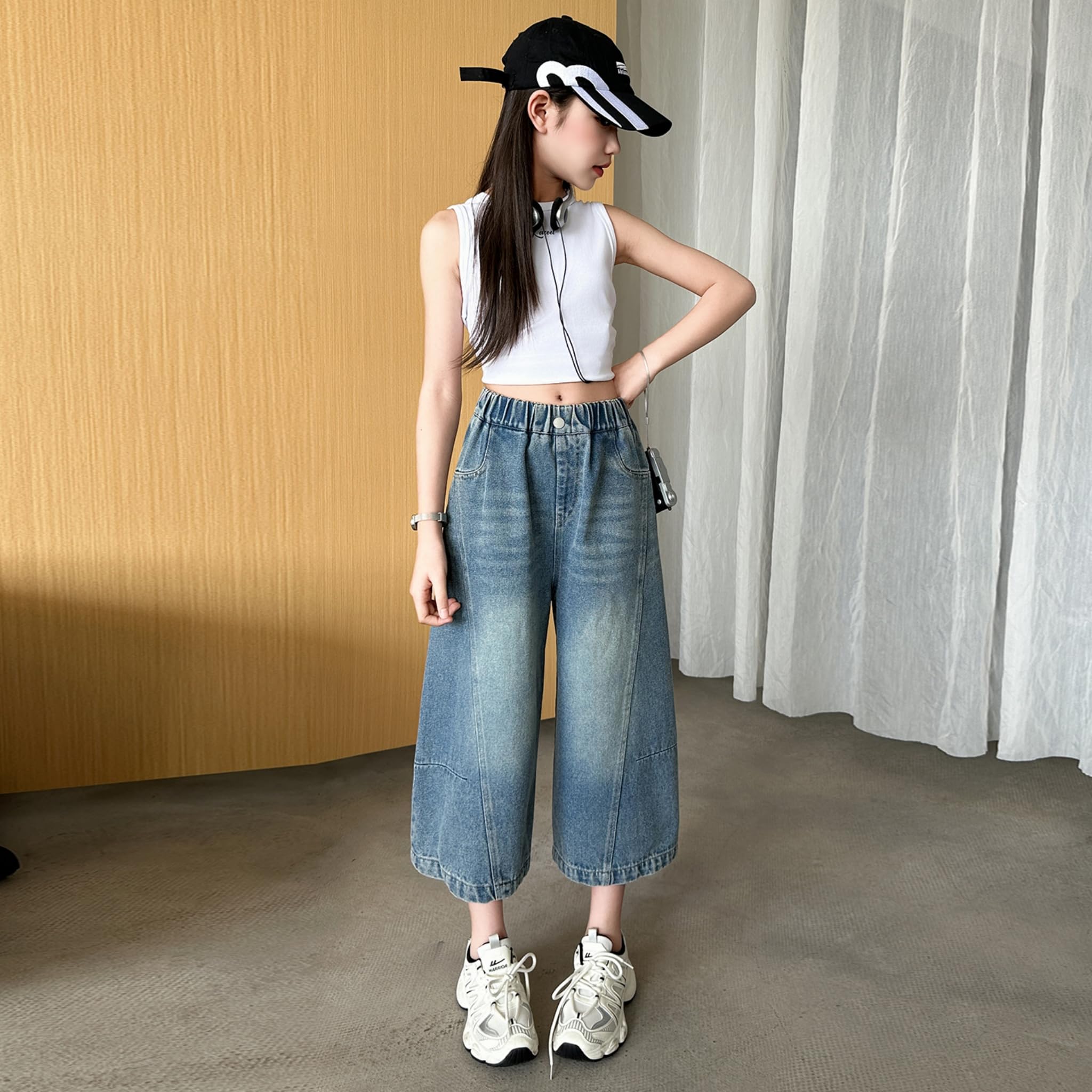 Rolanko Vaqueros Cropped para Niña, Pantalones Capri Holgados con Cintura Elástica