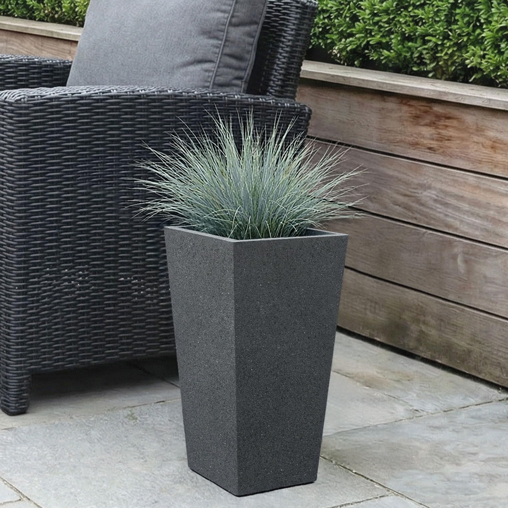 IDEALIST 39cm Small Tall Planter | Grey Reinforced Stone Tapered Garden Plant Pot with Drainage Holes L18.5 W18.5 H39 cm, 8 litres