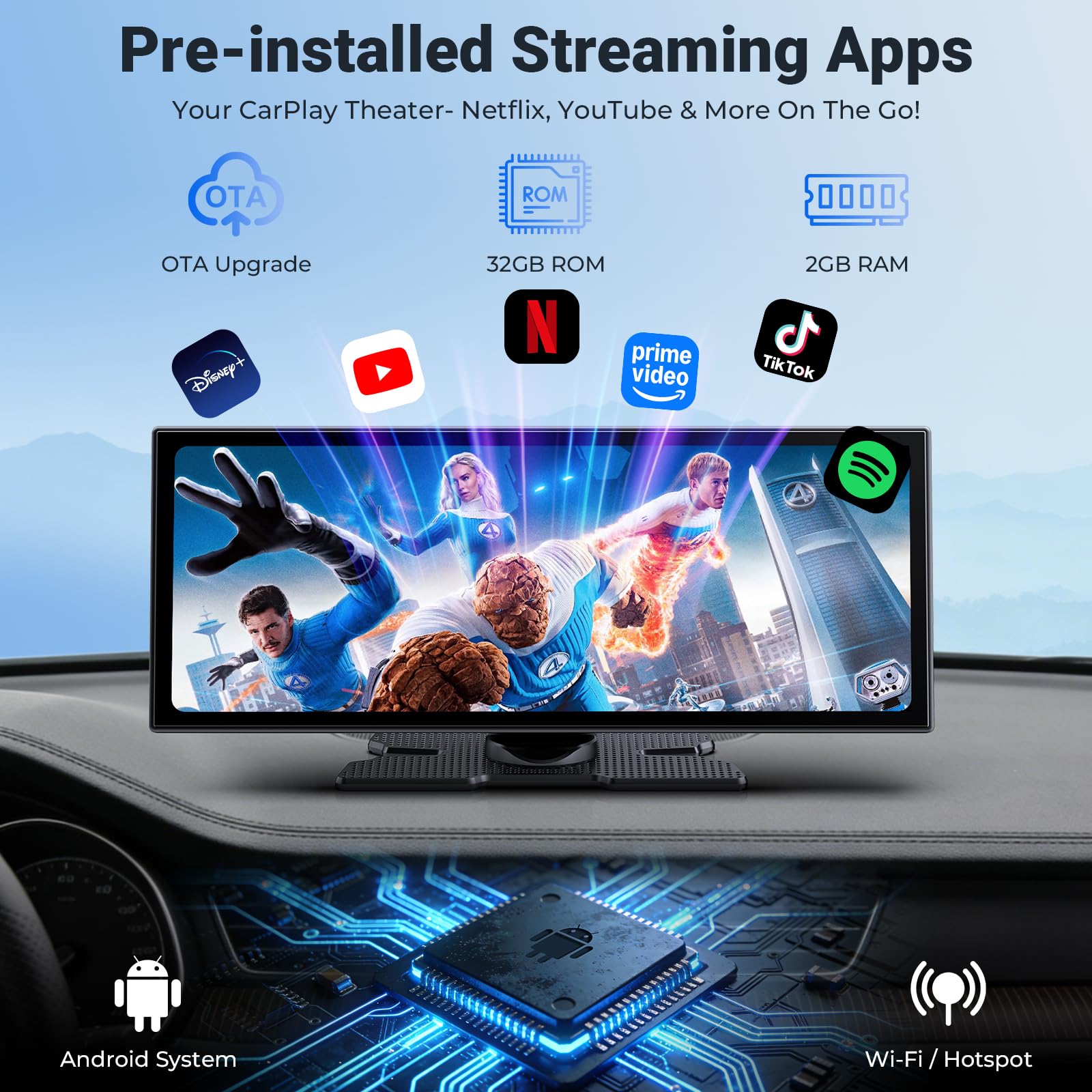 Wyświetlacz samochodowy 10,25" z funkcją CarPlay i Android Auto, zintegrowany Netflix i YouTube, kamera cofania HD, Dual Band WLAN, funkcja dzielonego ekranu, ekran In-Cell