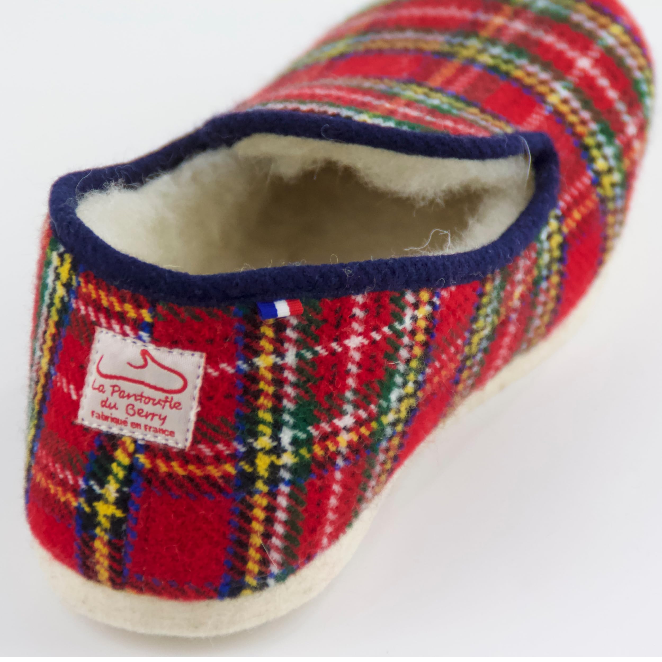 Charentaise du Berry - taille 36/53 - Chausson mixte Made in France - Charentaises intérieur confortable doublure fourré 100% laines naturelle et chaud en hiver - Pantoufle pour la maison - Rouge bleu