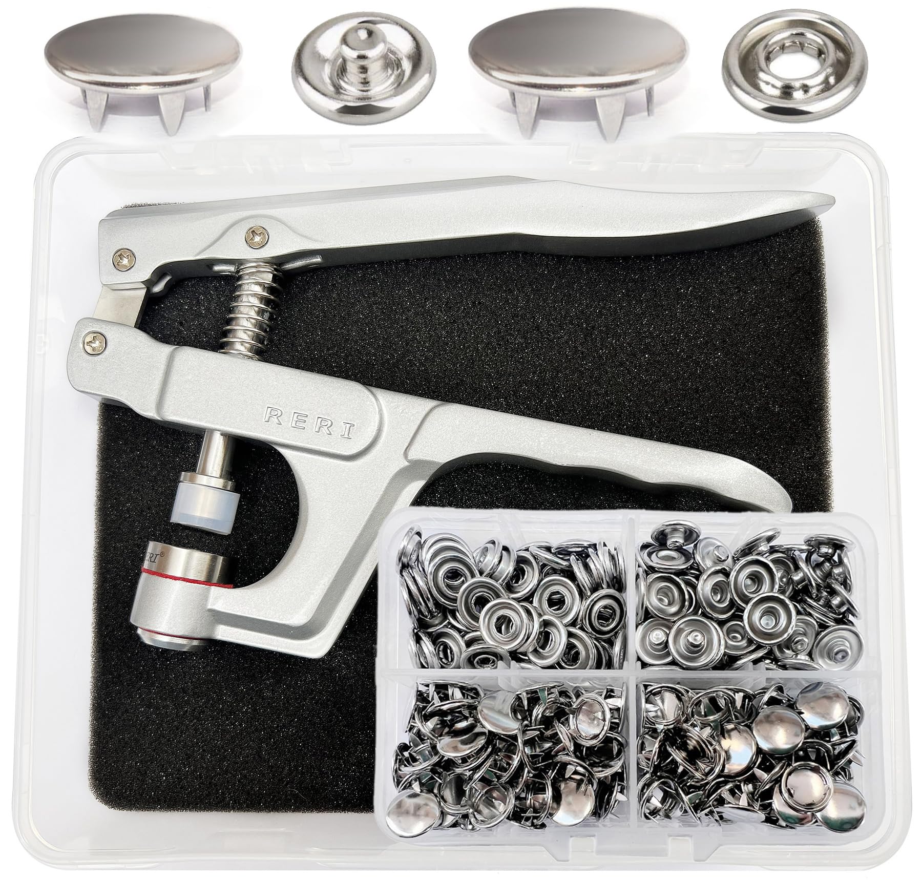 Glarks - Set di 260 bottoni a pressione in plastica e metallo, con pinze a scatto, 250 pezzi, rotondi, cuori e stelle, in plastica, con 10 bottoni automatici in metallo per vestiti
