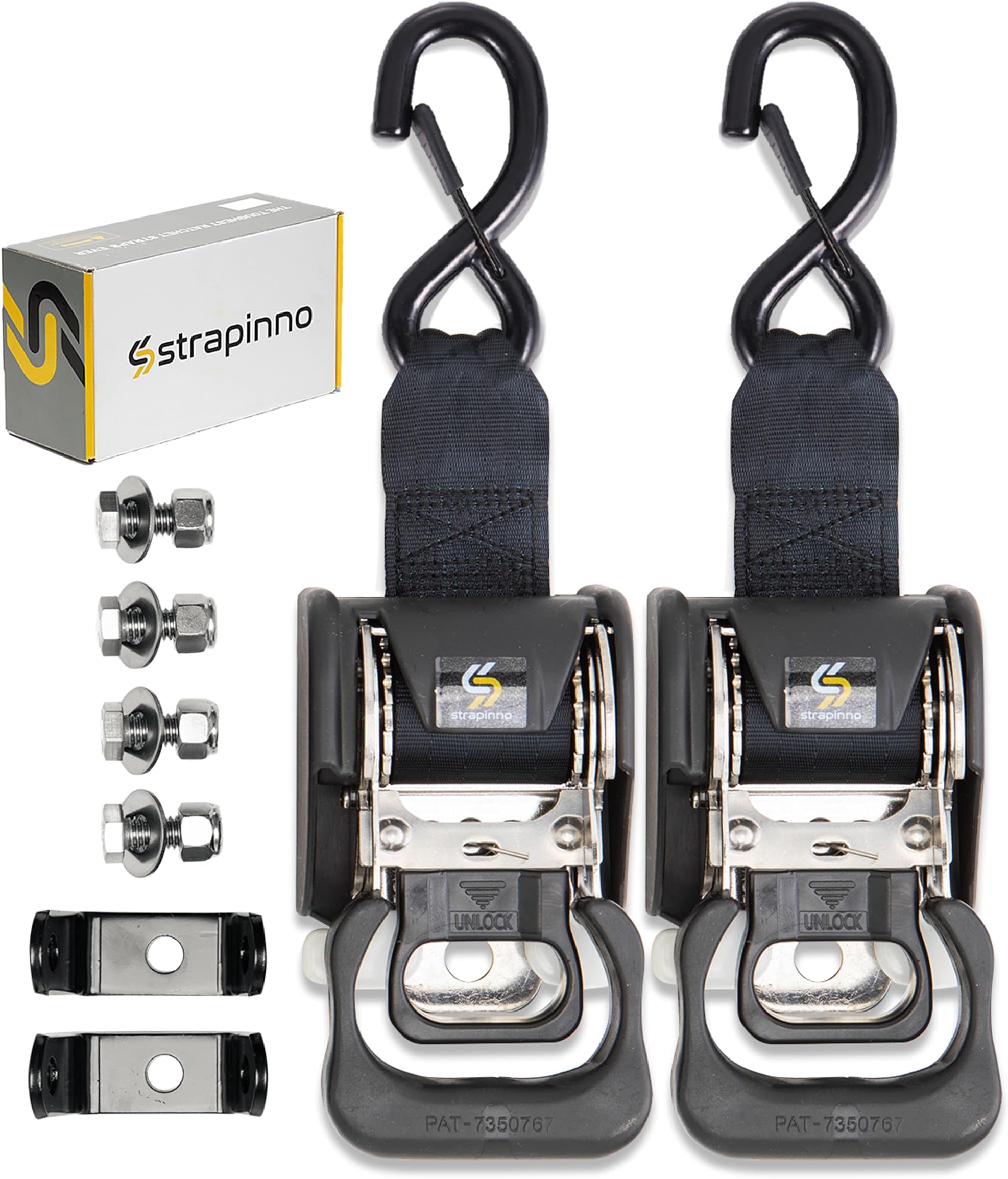 2PCS Stainless Steel Retractable Ratchet Straps (1 7/8 in x 4 ft) Transom Tie-Downs for Boat Trailer - Extra Mounting Brackets & Bolt Set, Safety Latch S-Hook, Break Strength 1,650LBS/750KG